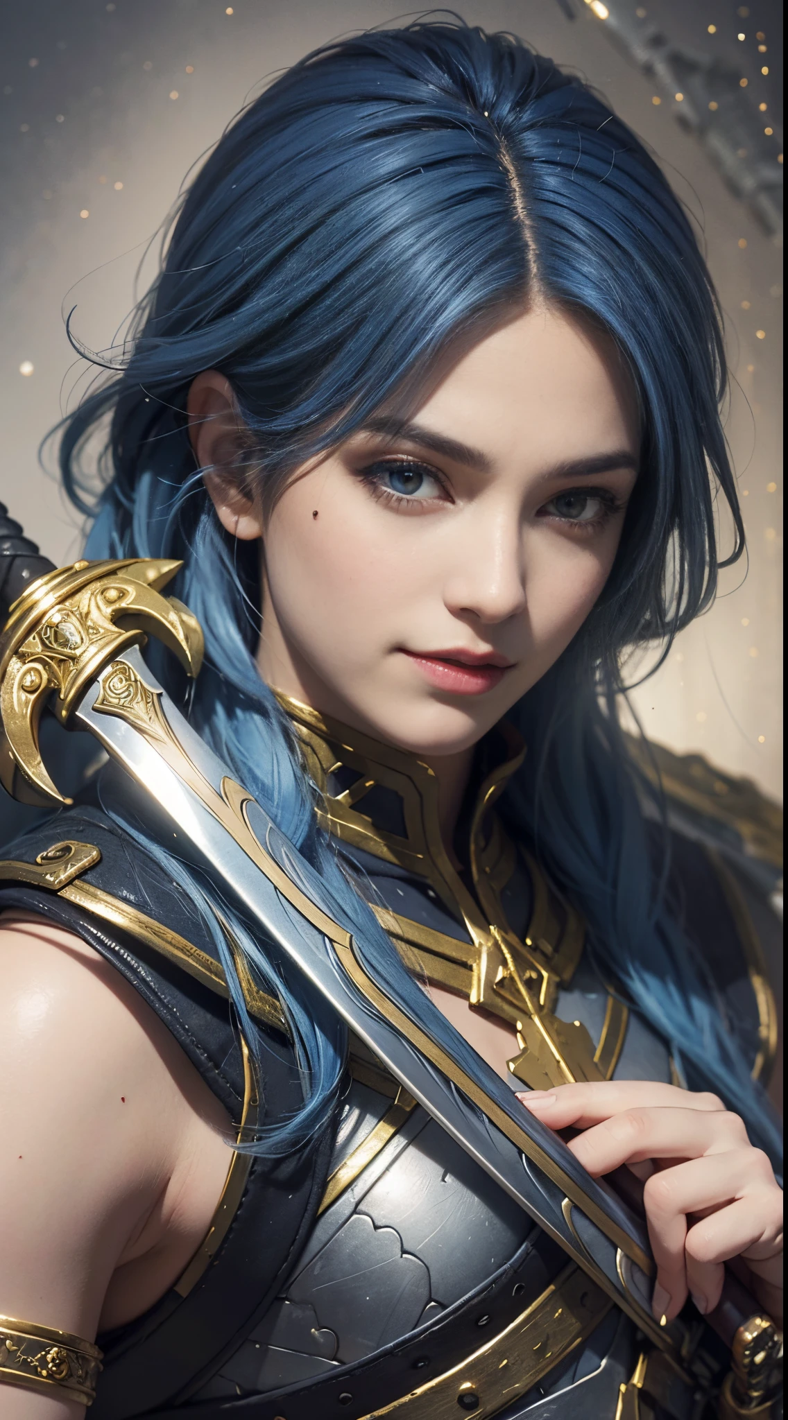 8k, best quality, highres, realistic, real person, A heroic character with silky blue bobbed hair, holding a legendary sword. The hero is narcissistic and smirking, with a mole on their cheek, embodying a unique blend of charm and confidence. The hero's attire is a combination of classic hero garb and stylish modern elements. The sword is intricately designed, shining with magical energy. The background reflects a grand adventure, with a sense of epic fantasy and heroism.