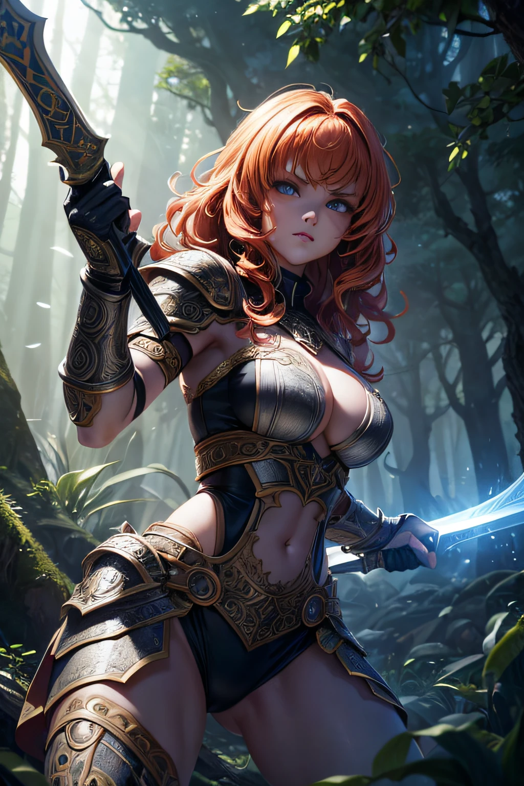 , ancient celtic warrior, evil look,,combat stance, wielding a sword, ancient celtic armor, highly detailed, ancient forest in background, curly ginger hair, vibrant appearance, creative behavior, extremly detailed, imaginative, sensual, spontaneous, highest quality, skin texture, intricate details, (cinematic lighting), RAW photo, 8k, masterpiece,best quality,ultra-detailed,very detailed illustrations,extremely detailed,intricate details,highres,super complex details,extremely detailed 8k cg wallpaper,