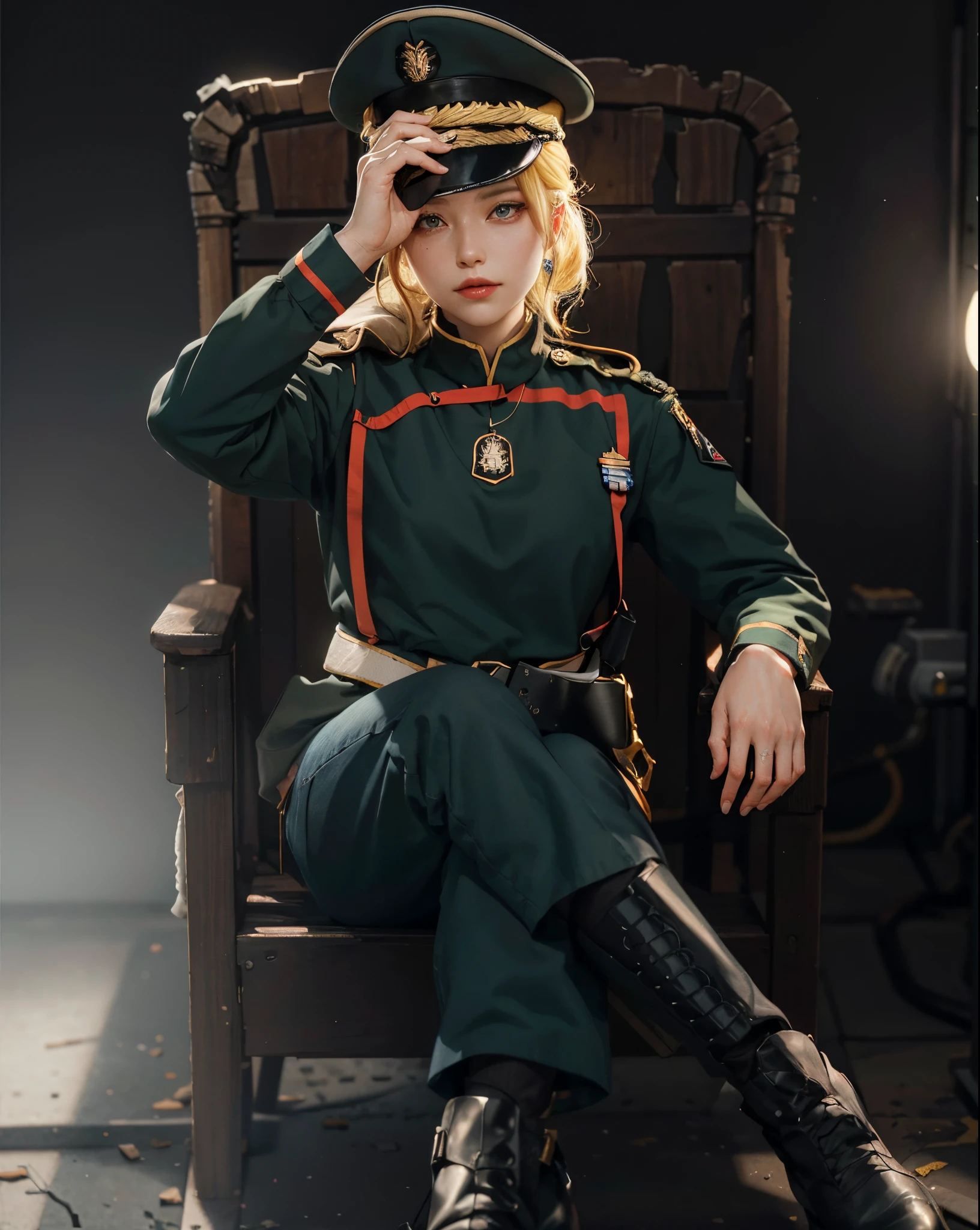 ((Tanya von Degurechaff Youjo Senki)),((realistic, photorealistic)),(highlight hair)), Light reflection, (( HD )), navel, detached sleeves,((upper body)), (((best quality, masterpiece))),Dressed as a war soldier, with a war hat on his head, yellow hair, sitting in the position of the main character,World war destruction background,Britt Baker portrait photo beautiful woman hair updo upsweep nightclub sitting on luxury bench Black (masterpiece) (best quality) (detail) (8k) (HDR) (wallpaper) (cinematic lighting) (sharp focus)