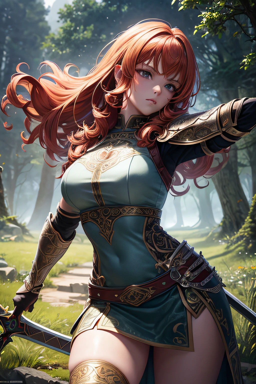 , ancient celtic warrior, evil look,,combat stance, wielding a sword, ancient celtic armor, highly detailed, ancient forest in background, curly ginger hair, vibrant appearance, creative behavior, extremly detailed, imaginative, sensual, spontaneous, highest quality, skin texture, intricate details, (cinematic lighting), RAW photo, 8k, masterpiece,best quality,ultra-detailed,very detailed illustrations,extremely detailed,intricate details,highres,super complex details,extremely detailed 8k cg wallpaper,