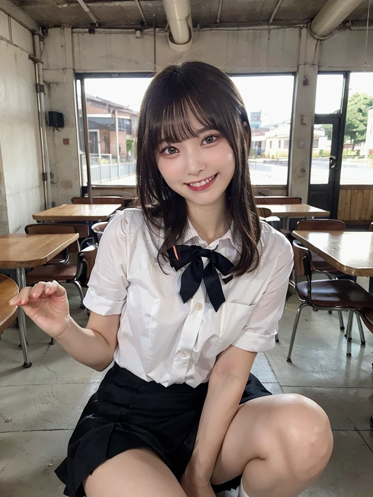 (masterpiece、top-quality:1.2), 超A high resolution, (Photorealsitic:1.4), Detailed skin, lighting like a movie, friendly, Intelligent, Conversational Engaging, Happiness, cordial, Energetic, jolly, Created, Glowing eyes and infectious smile, Cute teenage girl, NSFW, School uniform, Very small bust, exposed breast, show nipple, Show abs, a short skirt, The best smile, provocative smiling, see the beholder, Facing the front, Open your legs, Crowded cafes, poneyTail
