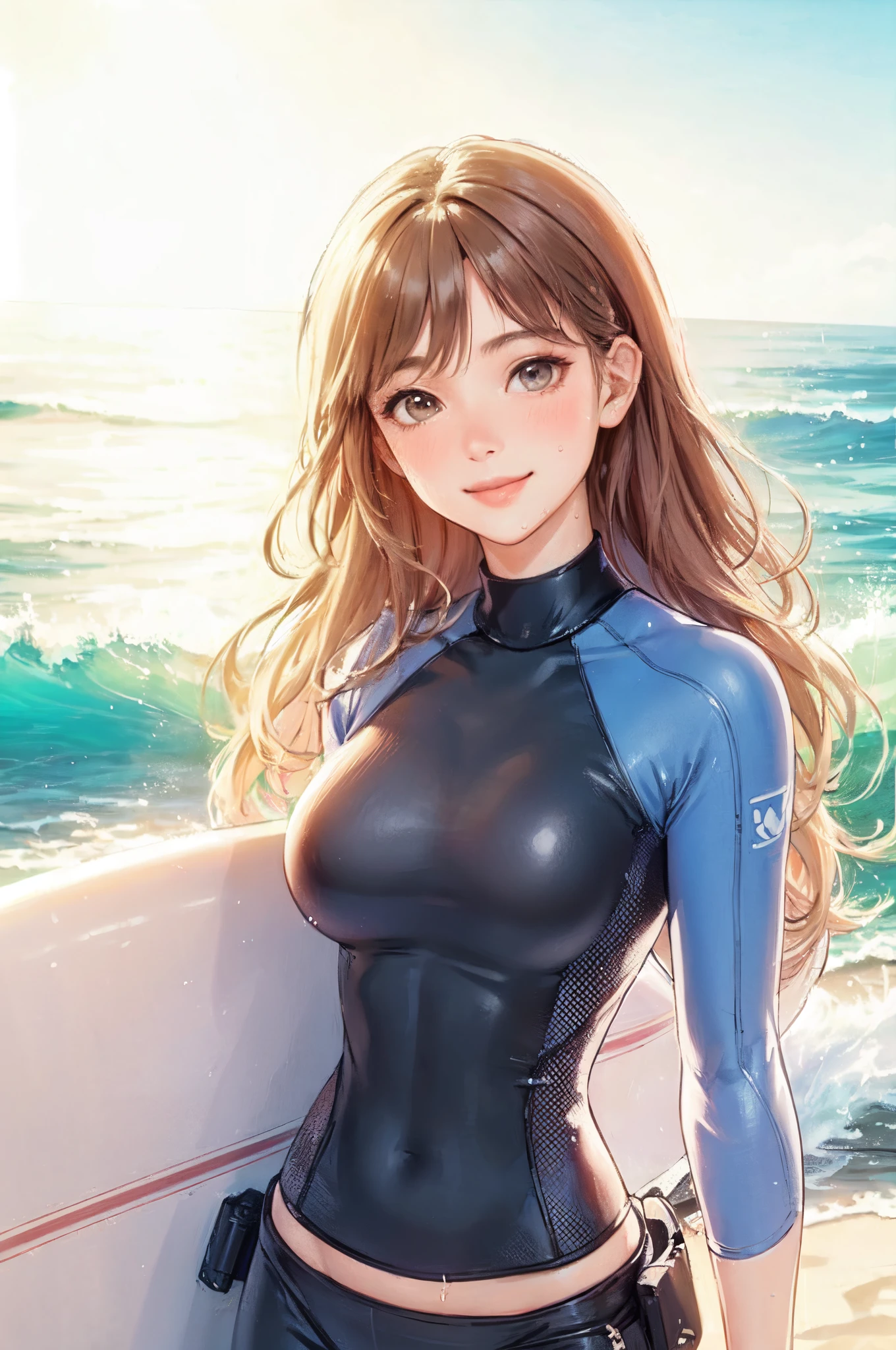 1lady solo, /(wet suit/), mature female, /(light brown hair/) bang, blush kind smile, masterpiece best quality:1.2) delicate illustration ultra-detailed, large breasts BREAK (carrying a surfboard) BREAK beach outdoors