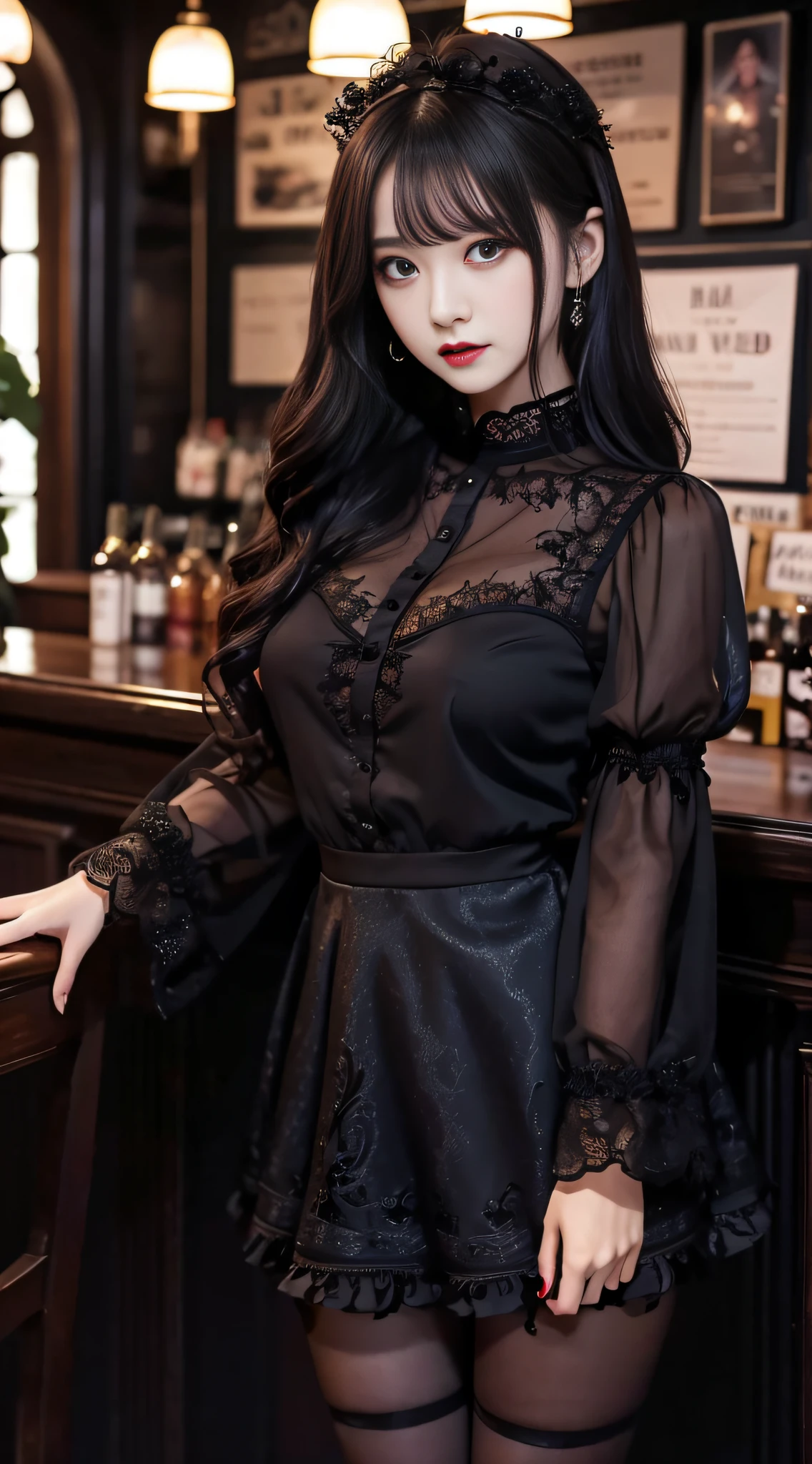LTRA Details、Fascinating beauty、Dainty woman、Cool Girl、Wavy Hair、Black chiffon dress、Wide sleeves、flered skirt、Black pantyhose、Evil Female Executive、Evil Fall、brainwash、lacy fabric、Glossy legs、black lipstick、Evil look、Suspicious look、Hollow eyes、wicked、Reaching out、Arms up、in a dark pub