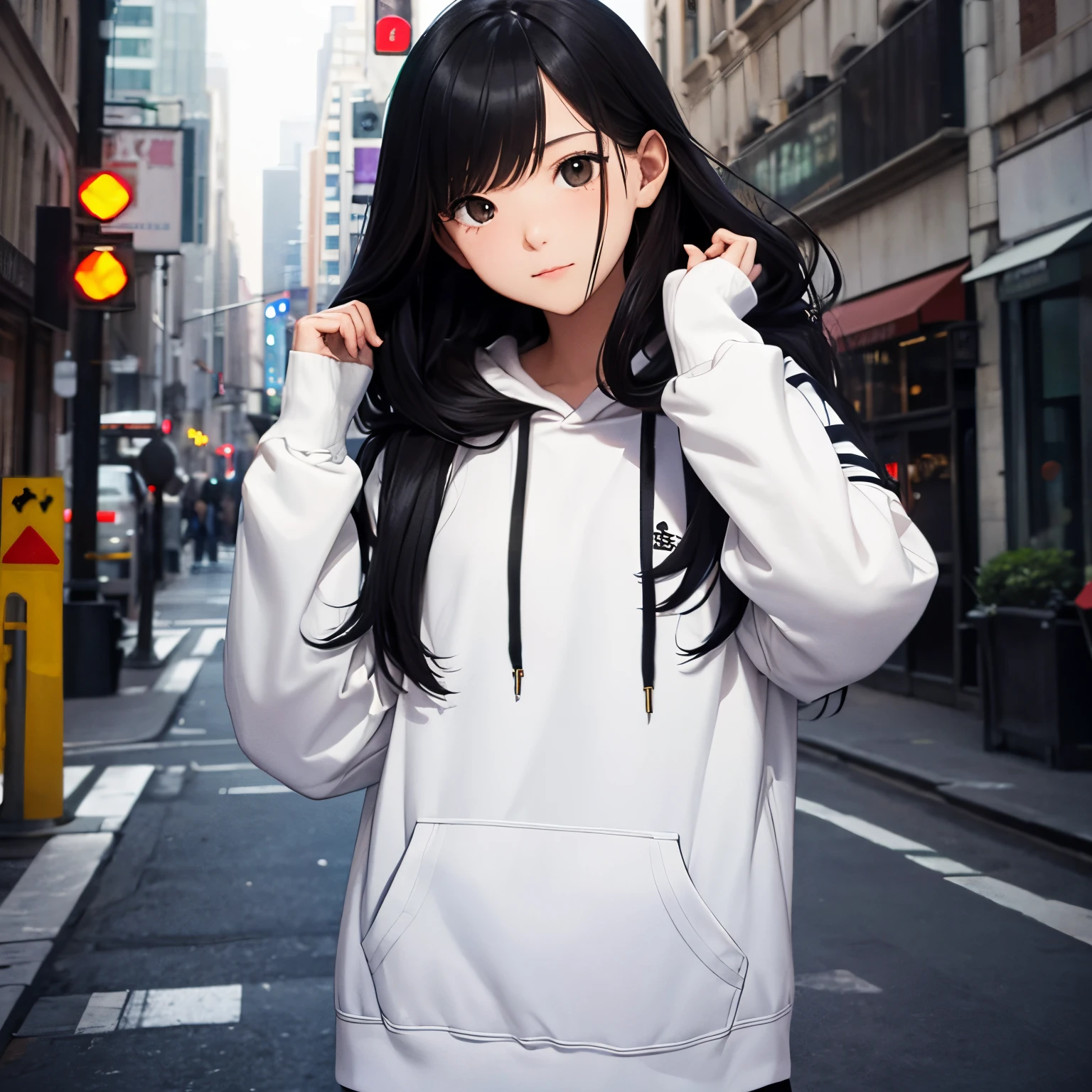Alone girl, city, cute girl, long black hair, hoodie, pent, ultra sharp, tall girl, decent