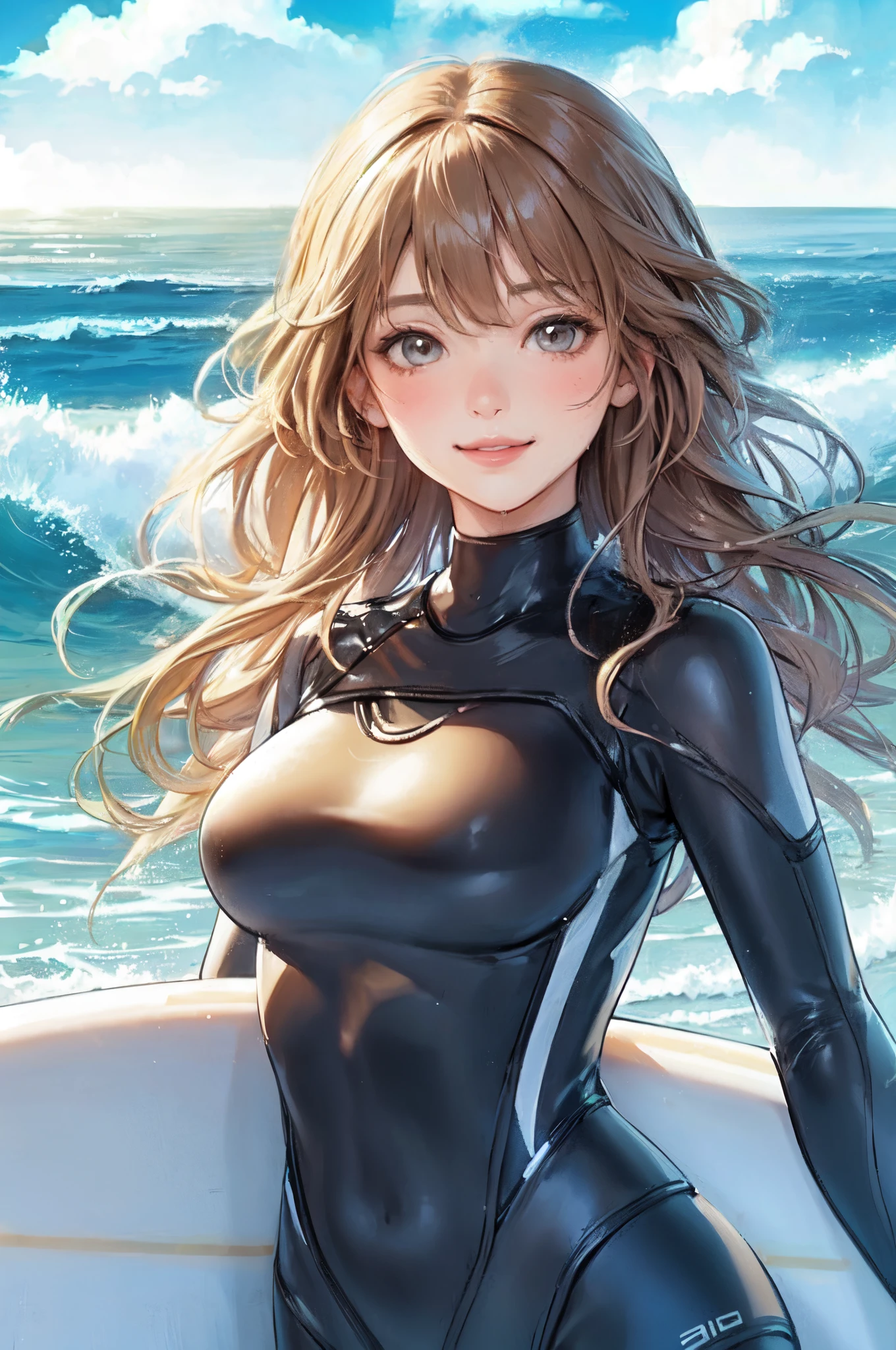 1lady solo, /(wet suit/), mature female, /(light brown hair/) bang, blush kind smile, masterpiece best quality:1.2) delicate illustration ultra-detailed, large breasts BREAK (carrying a surfboard) BREAK beach outdoors
