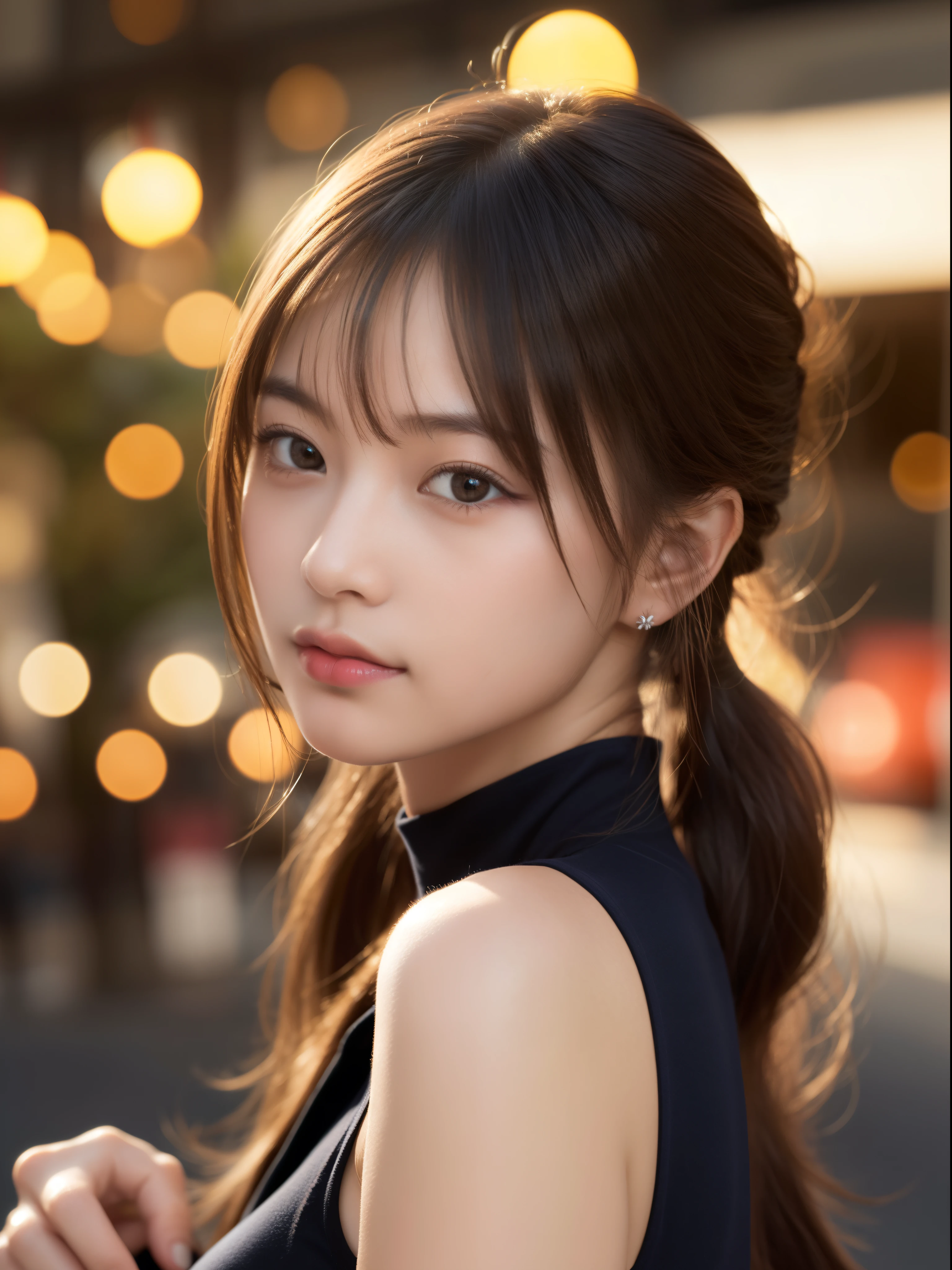 (masterpiece:1.5)、(8K)、(Photorealsitic:1.5)、Raw photography、(Top image quality:1.4)、(foco nítido:1.5)、 (PurerosFace_v1:0.5)、
top-quality、masterpiece、超A high resolution、Soft lighting、
23 years old、slender、prety woman:1.4、serious facial expression、
Christmas、illuminations、Brown hair、poneyTail、Glowing hair、
Super Detail Face、A detailed eye、二重まぶた、
Natural Color Lip、Transparent skin、
