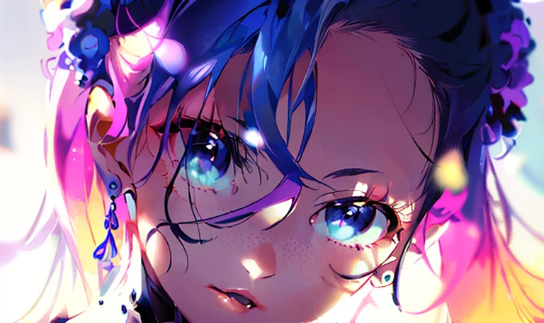 cross earrings、cross images、Look at viewers、独奏, Female 1,multicolored eyes, portlate, Floating hair,length hair, Open lips, Viewer's Perspective, greybackground, shadowy, Purple eyes, eye lashes, bblurry, The upper part of the body, florals,white blossoms, blue flower,bare shoulders,multicolored hair