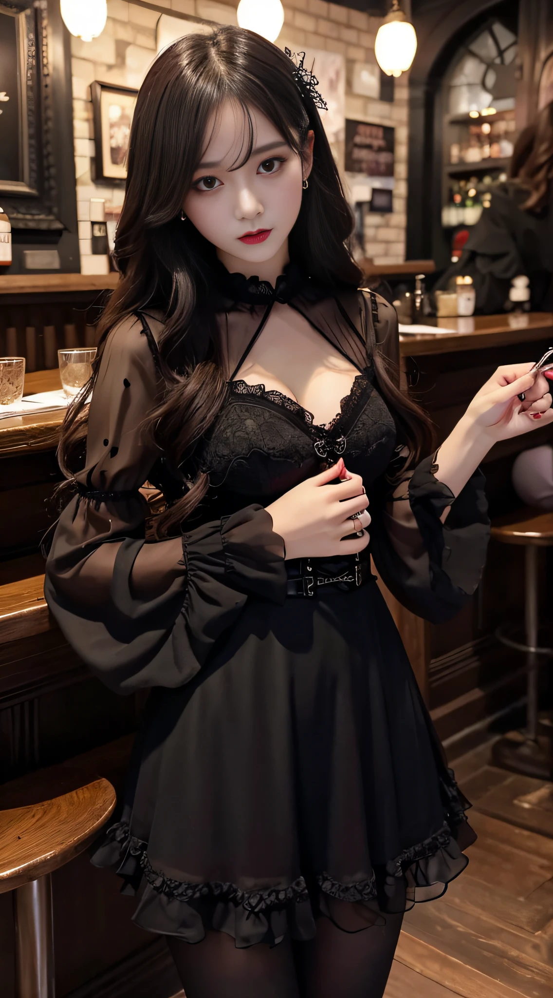 LTRA Details、Fascinating beauty、Dainty woman、Cool Girl、Wavy Hair、Black chiffon dress、Wide sleeves、flered skirt、Black pantyhose、Evil Female Executive、Evil Fall、brainwash、lacy fabric、Glossy legs、black lipstick、Evil look、Suspicious look、Hollow eyes、wicked、Reaching out、Arms up、in a dark pub