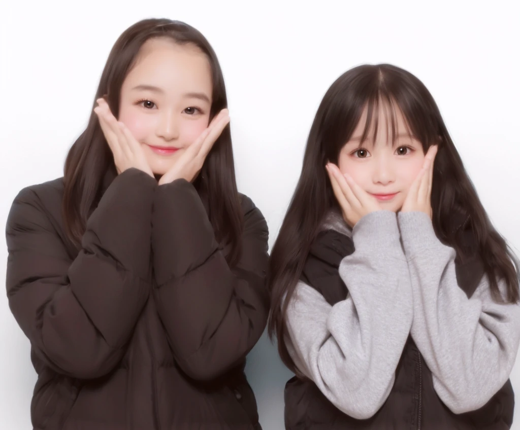 2 girls、Hands on cheeks、The on the right wears gray clothes with a down vest and waves. The childhe left wears black clothes.、Raising bangs。Purikura with a white background。My eyes are big and sparkling。disney pixar illustration。Pixar