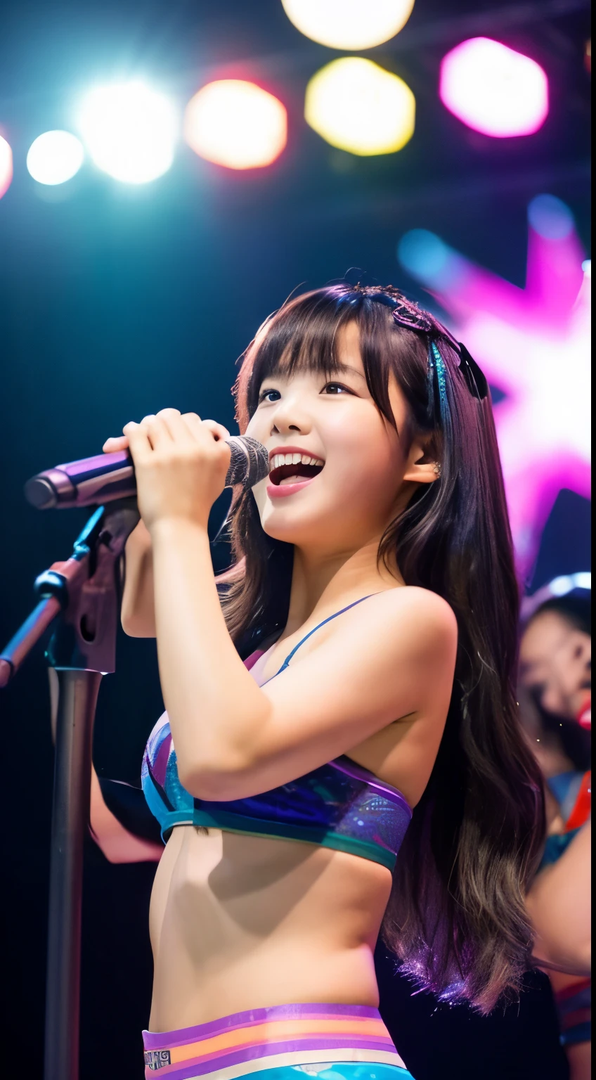 high-level image quality、hight resolution、ars old girl、小柄、japanes、a beauty girl、Idol singer、sing at stage、Packed crowd、Sexy underwear figure、Shooting from directly below