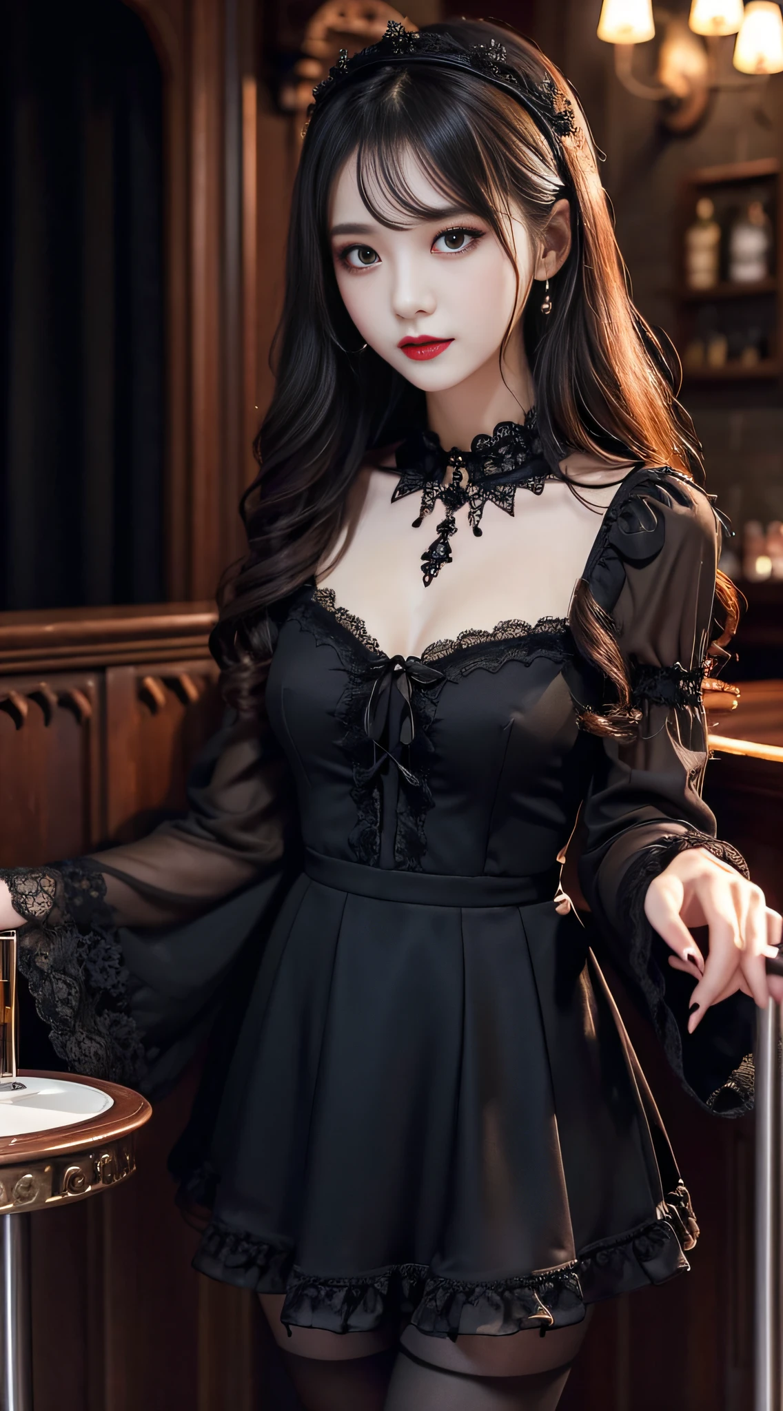 LTRA Details、Fascinating beauty、Dainty woman、Cool Girl、Wavy Hair、Black chiffon dress、Wide sleeves、flered skirt、Black pantyhose、Evil Female Executive、Evil Fall、brainwash、lacy fabric、Glossy legs、black lipstick、Evil look、Suspicious look、Hollow eyes、wicked、Reaching out、Arms up、in a dark pub