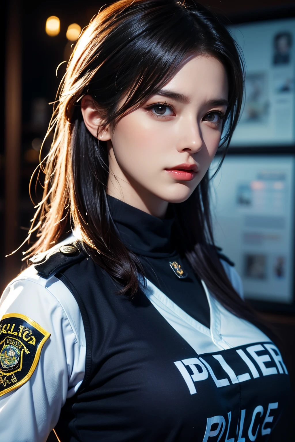 high high quality,A high resolution,masterpiece,8K,(Hyperrealistic photos),(Portrait),digital photography,(真实感:1.4),20岁女孩,exquisite facial features,a purple eye,Red Eyeshadow,((Policewoman)),Random hairstylelack color hair),Big breasts,(Police uniform,Combat uniforms),Keep your mouth shut,Frowning,ssmile,Cold and serious,extremely detailed expression,realistic detail,Light magic,Photo pose,oc render reflection texture