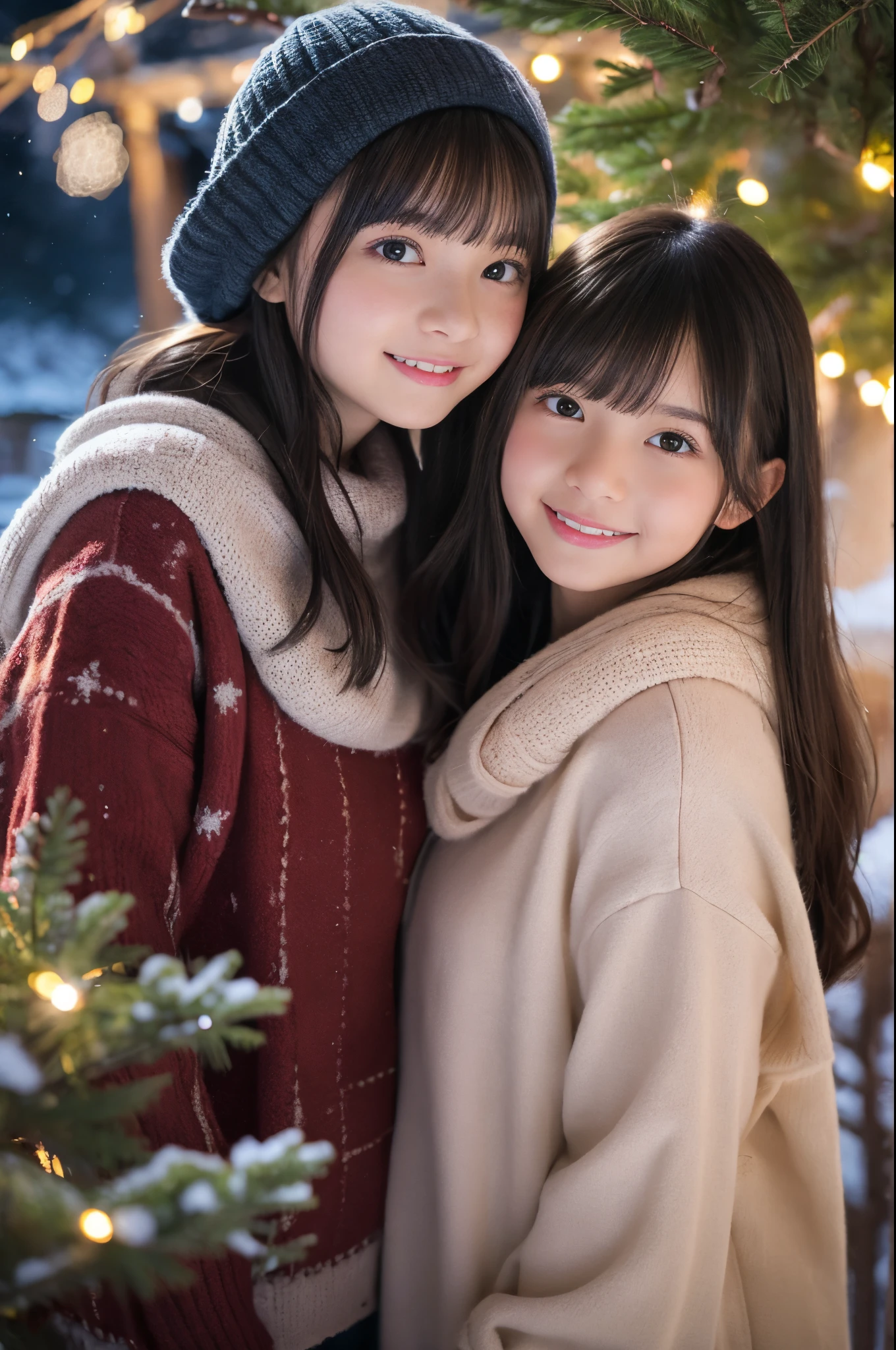 2 girls in, Two people, 8 and , Two people enjoying Christmas, in a snowy garden, Surrounded by twinkling lights and colorful decorations、The girls are wearing warm and cozy winter clothes, with a bright smile、8 year old girautiful black eyes and long eyelashes、 The 16 year old girl hasate eyes and a lovely face、A garden full of evergreen trees, covered with a layer of soft snow、Expressing the full moon and starry sky、Scenes are captured in high resolution, Ultra-detailed features and realism, Photorealistic quality. The colors are vivid and vivid, With a warm and festive color palette、beautifully lit scene, Highlight the features of the girl、Soft lighting in the studio creates a cozy and dreamy atmosphere、chromatic abberation、