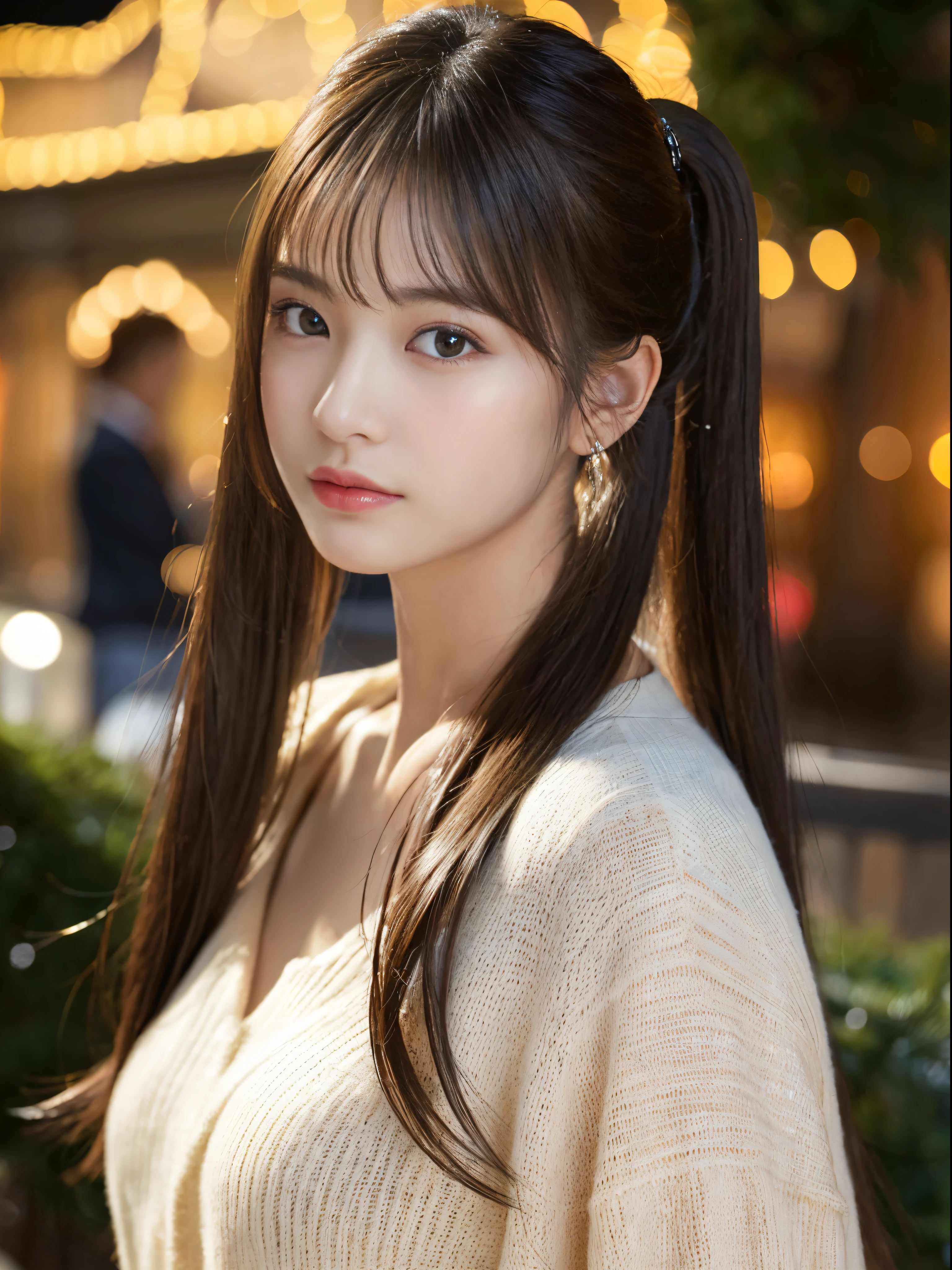 (masterpiece:1.5)、(8K)、(Photorealsitic:1.5)、Raw photography、(Top image quality:1.4)、(foco nítido:1.5)、 (PurerosFace_v1:0.5)、
top-quality、masterpiece、超A high resolution、Soft lighting、
23 years old、slender、prety woman:1.4、serious facial expression、
Christmas City、Christmas Lights、shiny long hair、poneyTail、Glowing hair、
Super Detail Face、A detailed eye、二重まぶた、
Natural Color Lip、Transparent skin、