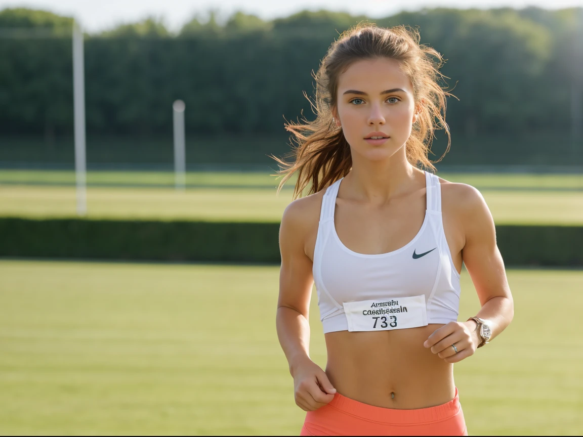 (((masterpiece))), ((one) girl 23 year old) (((Caucasian))) ((small breast)) French girl with shoulder length messy brunette hair, she petite. She wearing running gear, she running, outdoor running track, taken with, Canon 85mm lens, extreme quality, heavily retouched, heavy makeup, very high quality, flawless beauty,