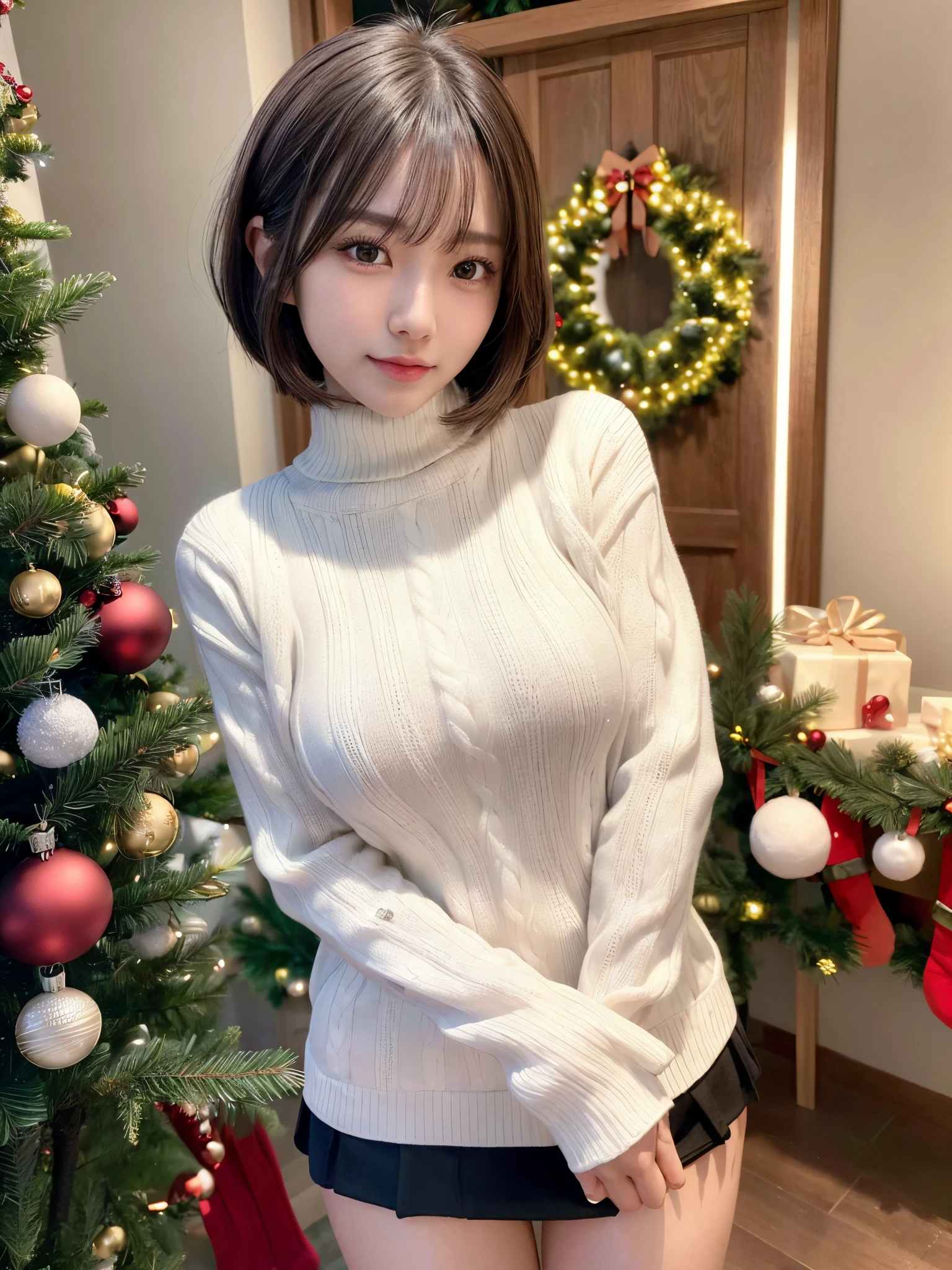 ulzzang -6500-v1.1, (Raw photo:1.2), (Photorealsitic), a beautiful detailed girl, (Real: 1.4), extremely detailed eye and face, beatiful detailed eyes, ((Walk through the illumination plaza at night:1.4)), (( Soft sweater in pastel colors:1.3, Ultra-realistic pantyhose:1.2))、selfee、Instagram、game_nffsw, huge filesize, hight resolution, ighly detailed, top-quality, [​masterpiece:1.6], illustratio, ighly detailed, nffsw, finely detail, top-quality, 8k wallpaper, Cinematographic lighting, 1girl in, 17 age, perfect body type, cute droopy eyes beautiful big eyes、Pieckfinger, ((masutepiece)), Best Quality, 1girl in, eye shadow,  Portrait, ((FULL BODYSHOT:1.4))、(Very affectionate smile:1.2)、realistic skin textures、shinny skin、Exposed thighs!!!