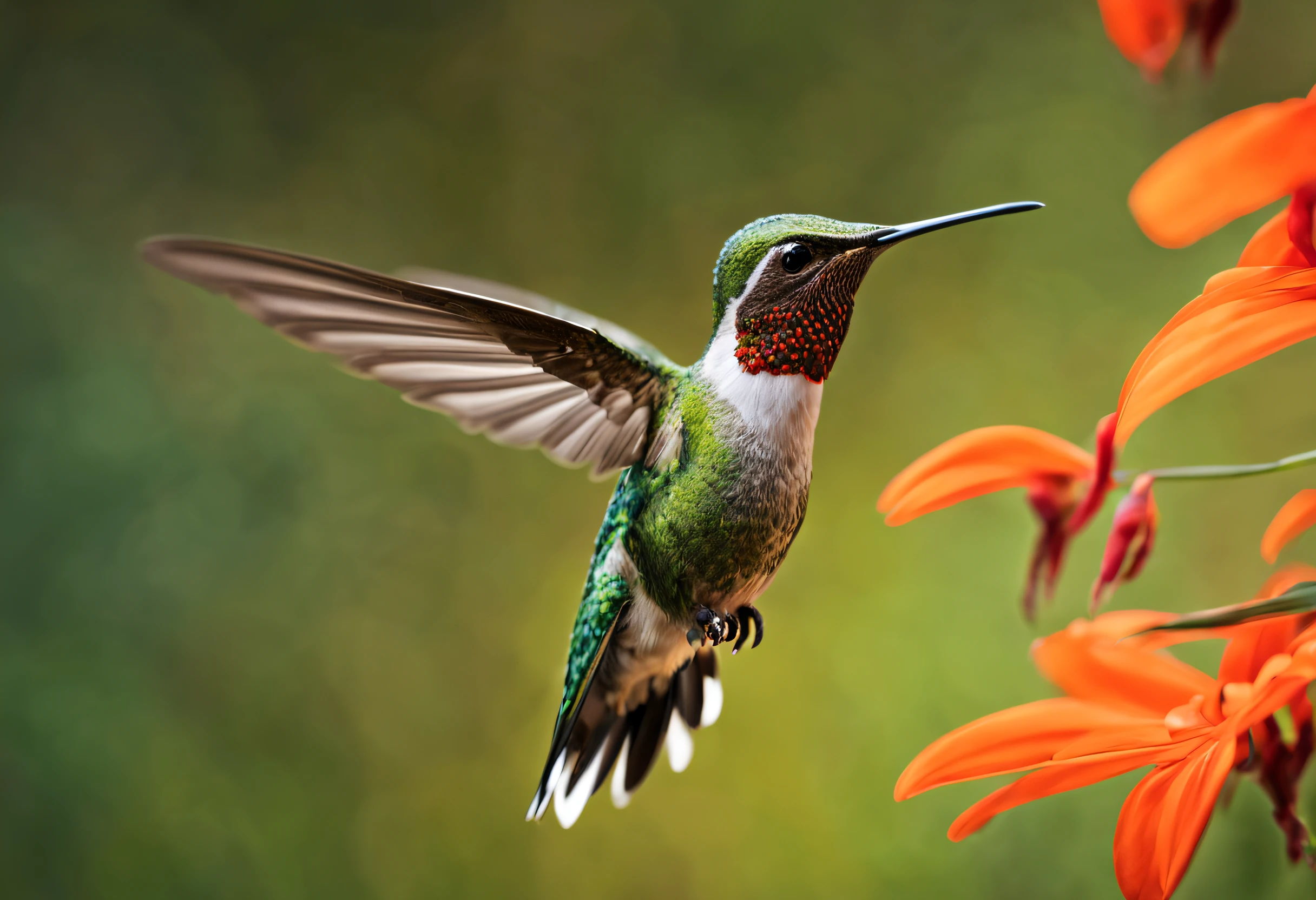 (best quality,ultra-detailed,professional:1.2),minimalist,photography,hummingbird,natural lighting,vivid colors,macro lens,floating,tiny creature,delicate details,feathers,hovering,wings beating softly,green foliage,bright flowers,sharp focus,fast movement,capturing the moment,abstract background,masterpiece:1.2