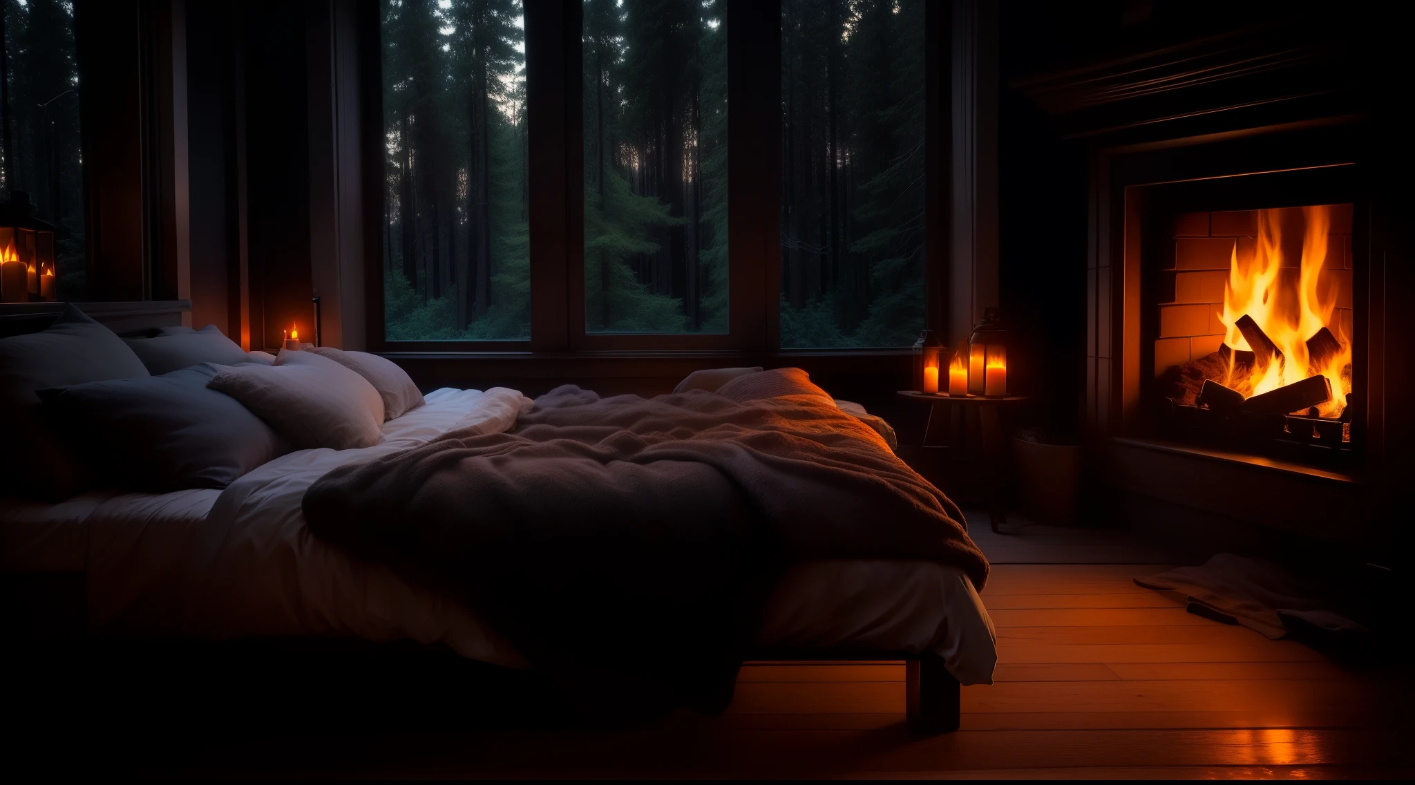 a dimly lit bedroom with a fireplace and a bed in front of it, dimly lit bedroom, large windows to forest at night, cozy atmospheric, dark bedroom, cozy and peaceful atmosphere, cozy bed, cozy and calm, cozy night fireflies, cozy place, cosy atmoshpere, bedroom full of fire, dimly lit room, lit with candles