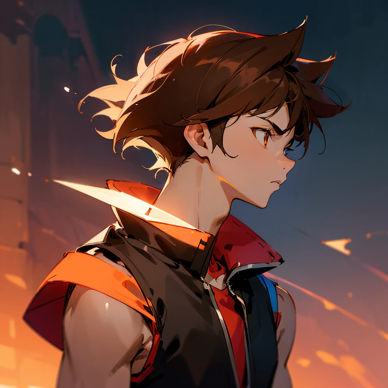 A young boy , black and red sleeveless jacket, short sleeve white shirt, epic, fantasy, lean body, glowing eyes, anime style, shoulders up picture, night background, close up on face, slim tiny thin body, brown hair, brown eyes, profile picture, front face