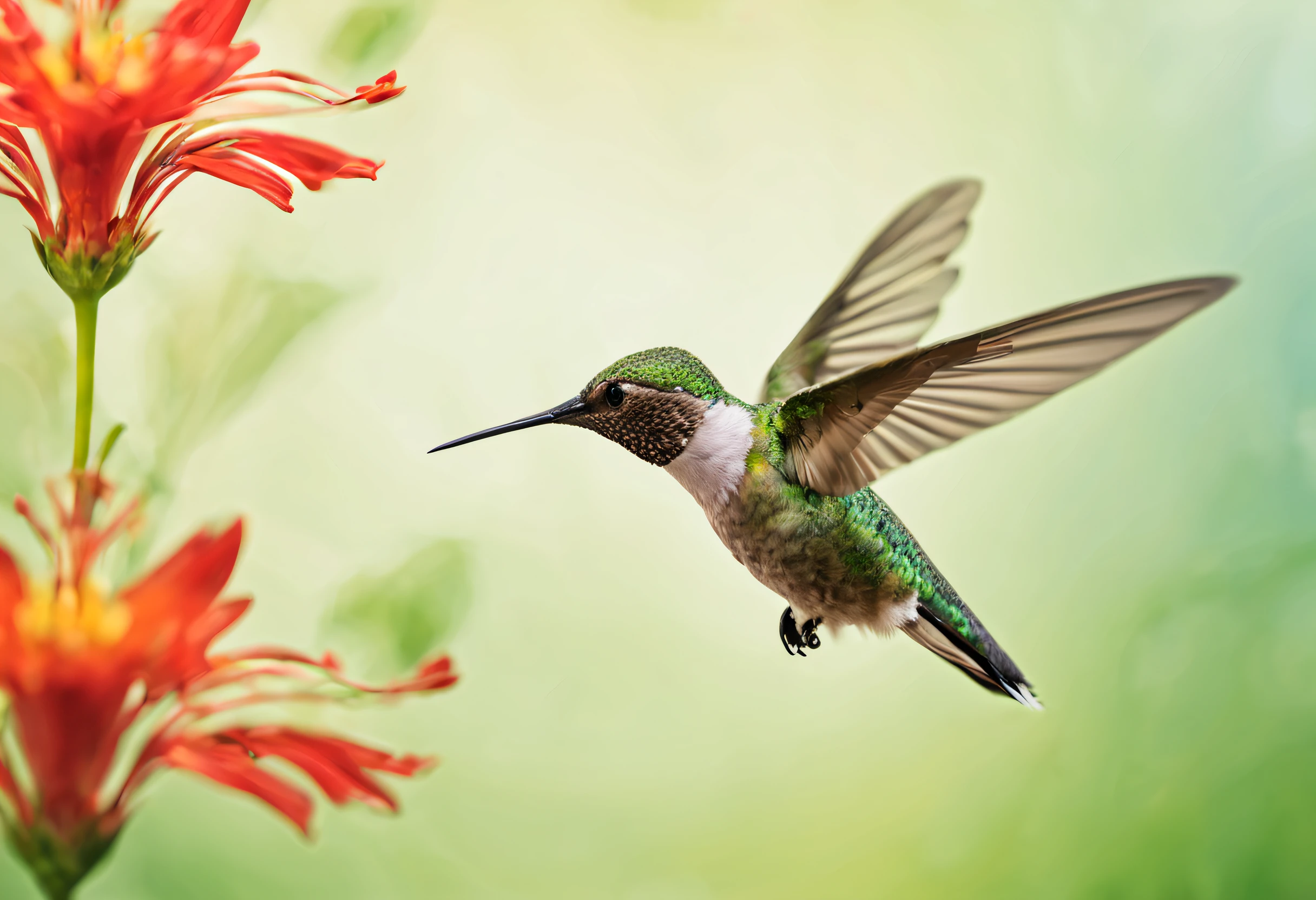 (best quality,ultra-detailed,professional:1.2),minimalist,photography,hummingbird,natural lighting,vivid colors,macro lens,floating,tiny creature,delicate details,feathers,hovering,wings beating softly,green foliage,bright flowers,sharp focus,fast movement,capturing the moment,abstract background,masterpiece:1.2