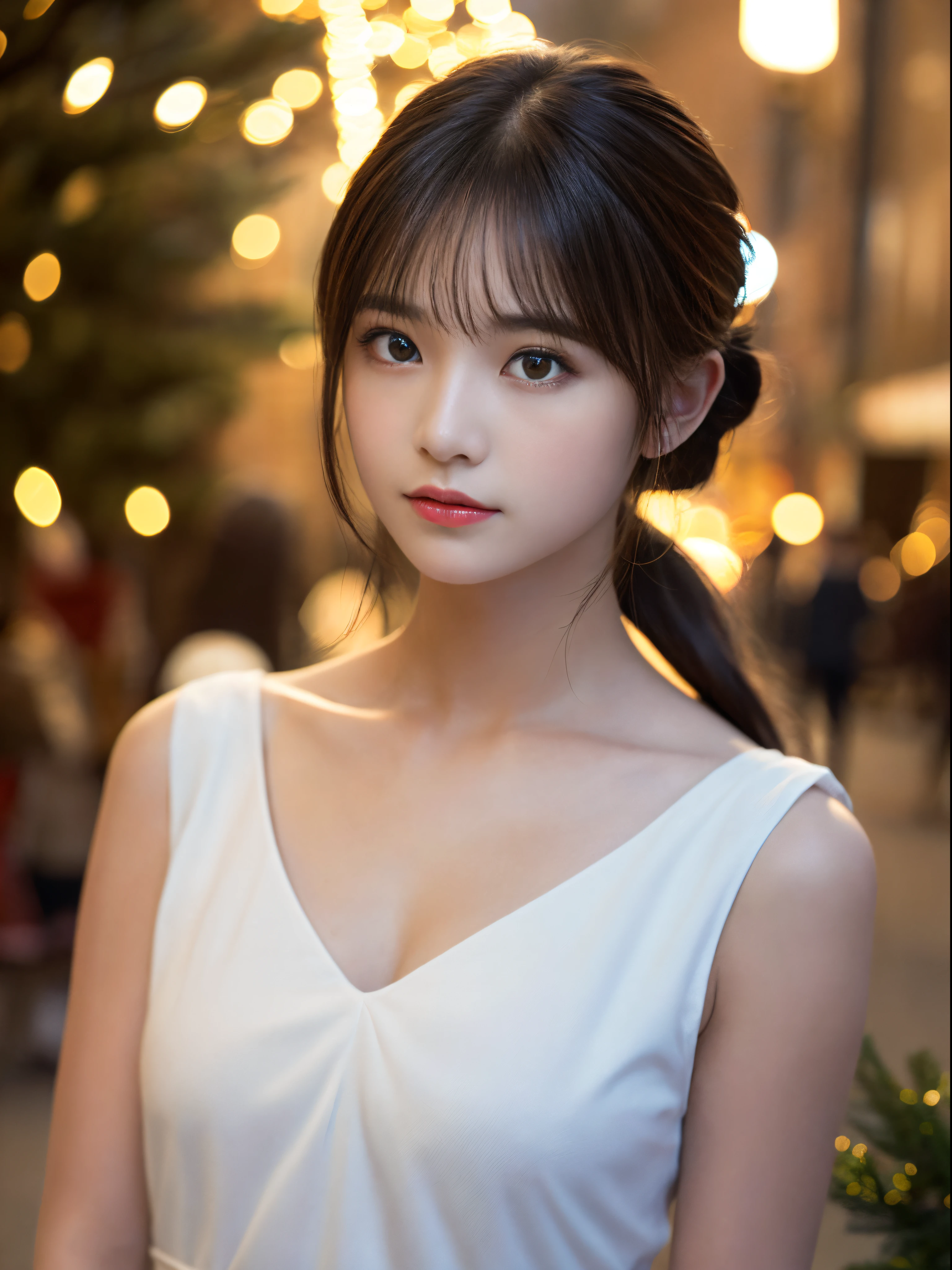 (masterpiece:1.5)、(8K)、(Photorealsitic:1.5)、Raw photography、(Top image quality:1.4)、(foco nítido:1.5)、 (PurerosFace_v1:0.5)、
top-quality、masterpiece、超A high resolution、Soft lighting、
23 years old、slender、prety woman:1.4、serious facial expression、
Christmas City、Christmas Lights、shiny long hair、poneyTail、Glowing hair、
Super Detail Face、A detailed eye、二重まぶた、
Natural Color Lip、Transparent skin、