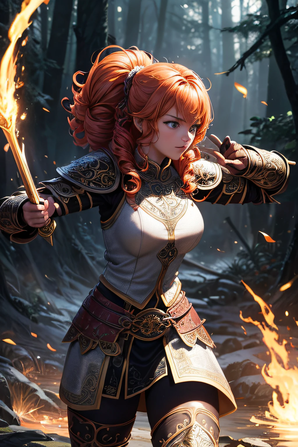 young girl, ancient celtic warrior, evil look,,combat stance, wielding a sword, ancient celtic armor, highly detailed, ancient forest in background, curly ginger hair, vibrant appearance, creative behavior, extremly detailed, imaginative, sensual, spontaneous, highest quality, skin texture, intricate details, (cinematic lighting), RAW photo, 8k, masterpiece,best quality,ultra-detailed,very detailed illustrations,extremely detailed,intricate details,highres,super complex details,extremely detailed 8k cg wallpaper,