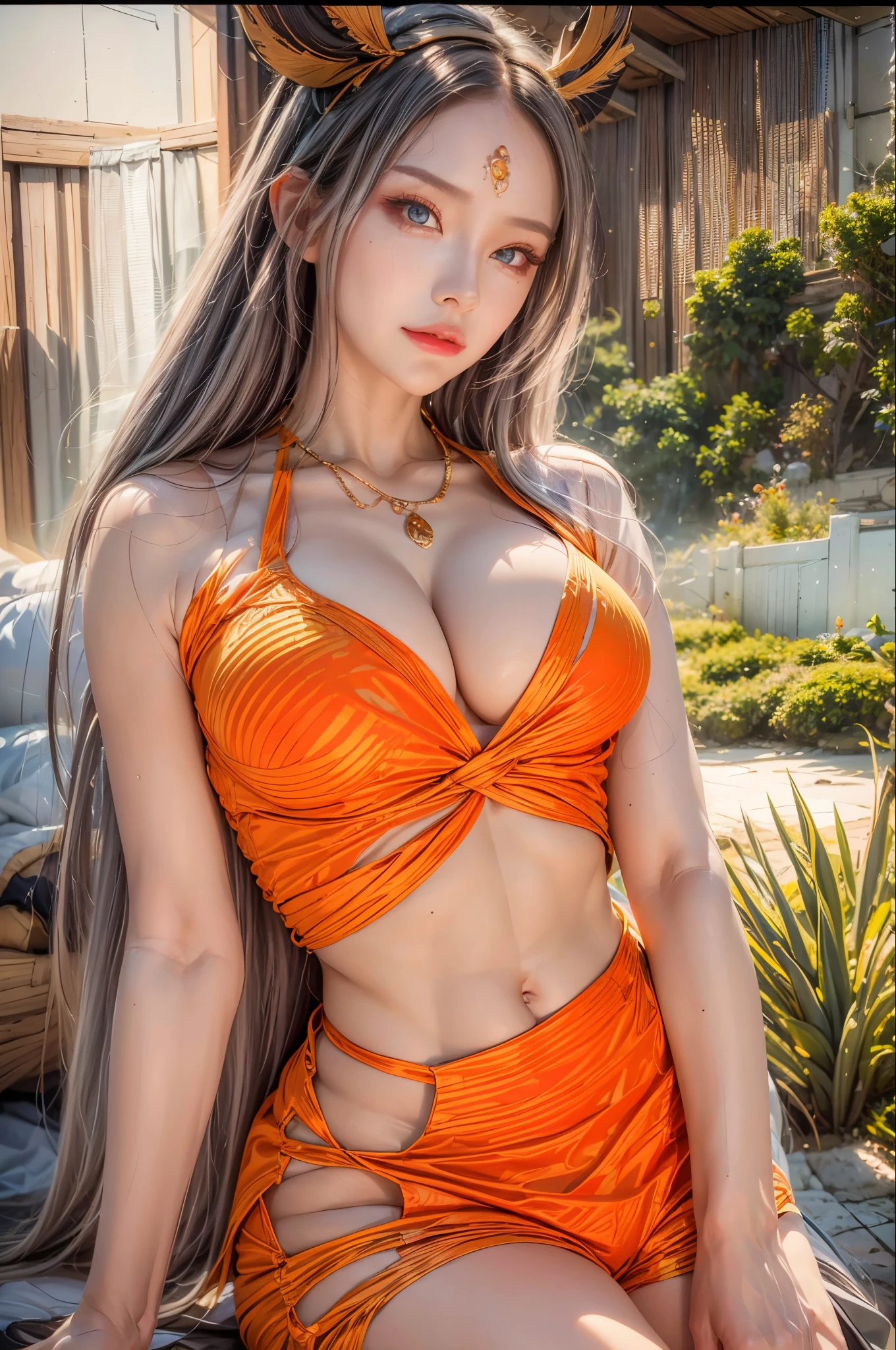 realistic, 1 women, best quality, 12k, HD, long hair, big round breasts, cleavage, ponytail, necklace, jewelry, shorts, short jacket, slim hips, hair tie, yellow eyes, black hair, super detailed, Eye details, hair details, person details, mouth details, face details, breast details, clothes details, hair details, pants details, hand details, whole body