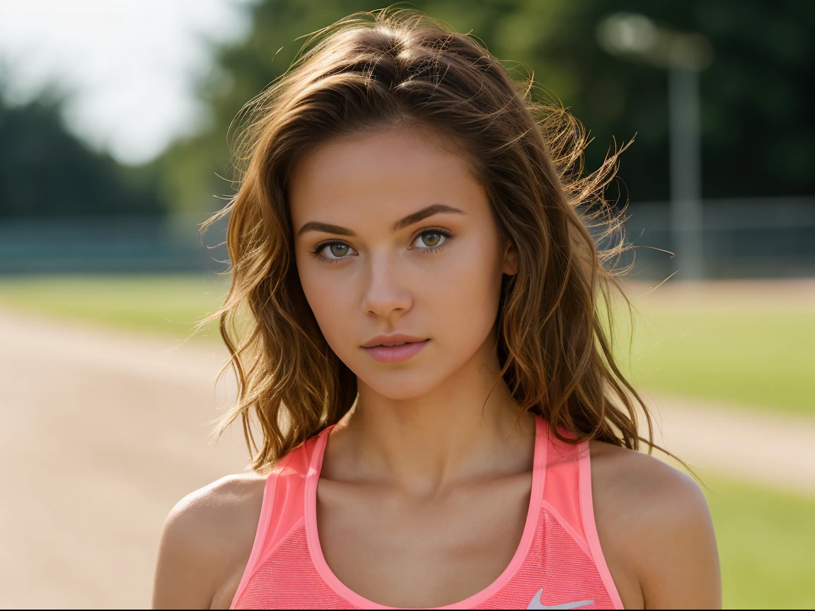 (((masterpiece))), ((one) girl 24 year old) (((Caucasian))) ((small breast)) French girl with shoulder length messy  brunette hair, she  petite. She  wearing running gear, she  running, outdoor running track, taken with, Canon 85mm lens, extreme quality, heavily retouched, heavy makeup, very high quality, flawless beauty,