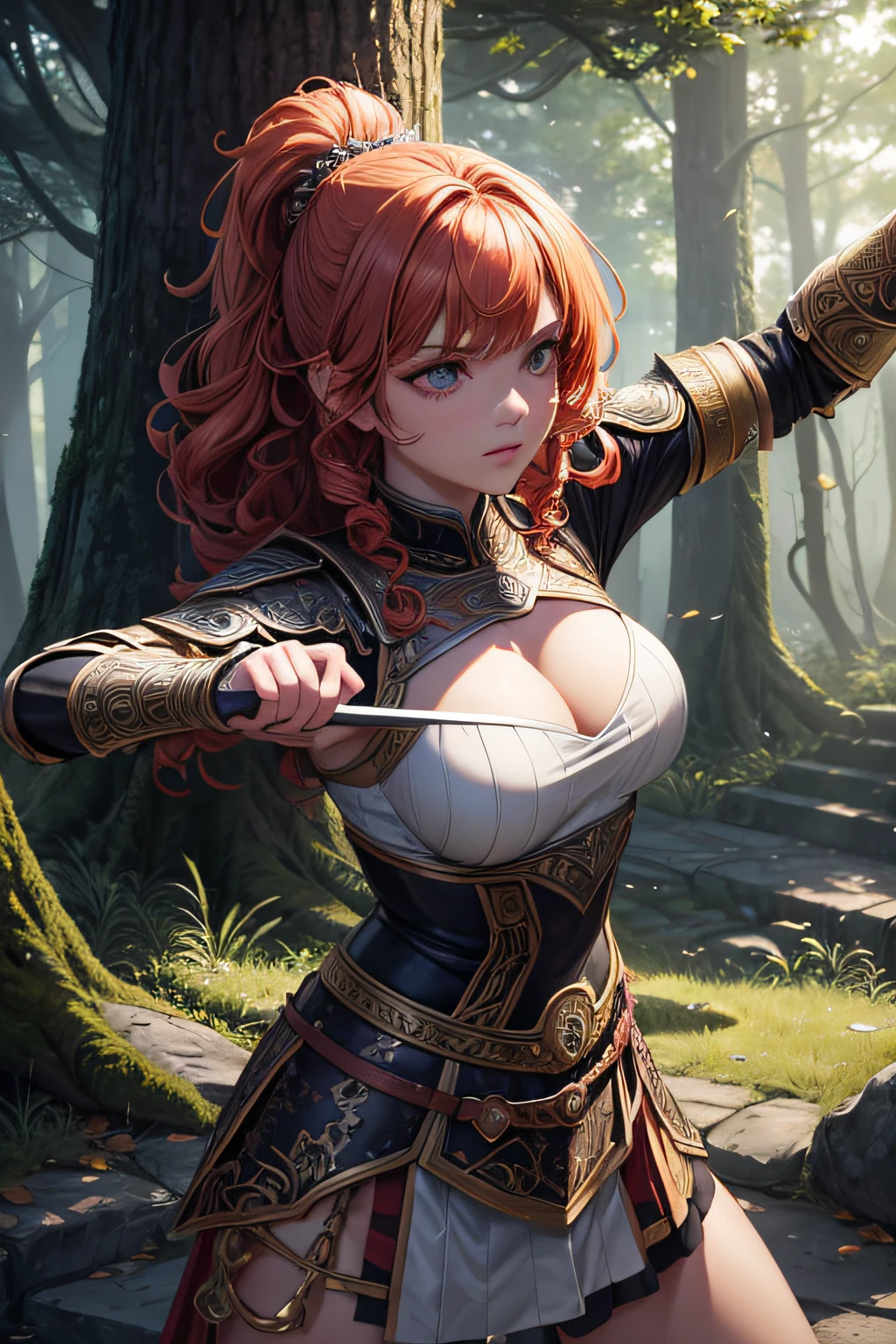 young teen girl, ancient celtic warrior, evil look,,combat stance, wielding a dagger,  ancient celtic armor, highly detailed, ancient forest in background, curly ginger hair, vibrant appearance, creative behavior, extremly detailed, imaginative, sensual, spontaneous, highest quality, skin texture, intricate details, (cinematic lighting), RAW photo, 8k, masterpiece,best quality,ultra-detailed,very detailed illustrations,extremely detailed,intricate details,highres,super complex details,extremely detailed 8k cg wallpaper,