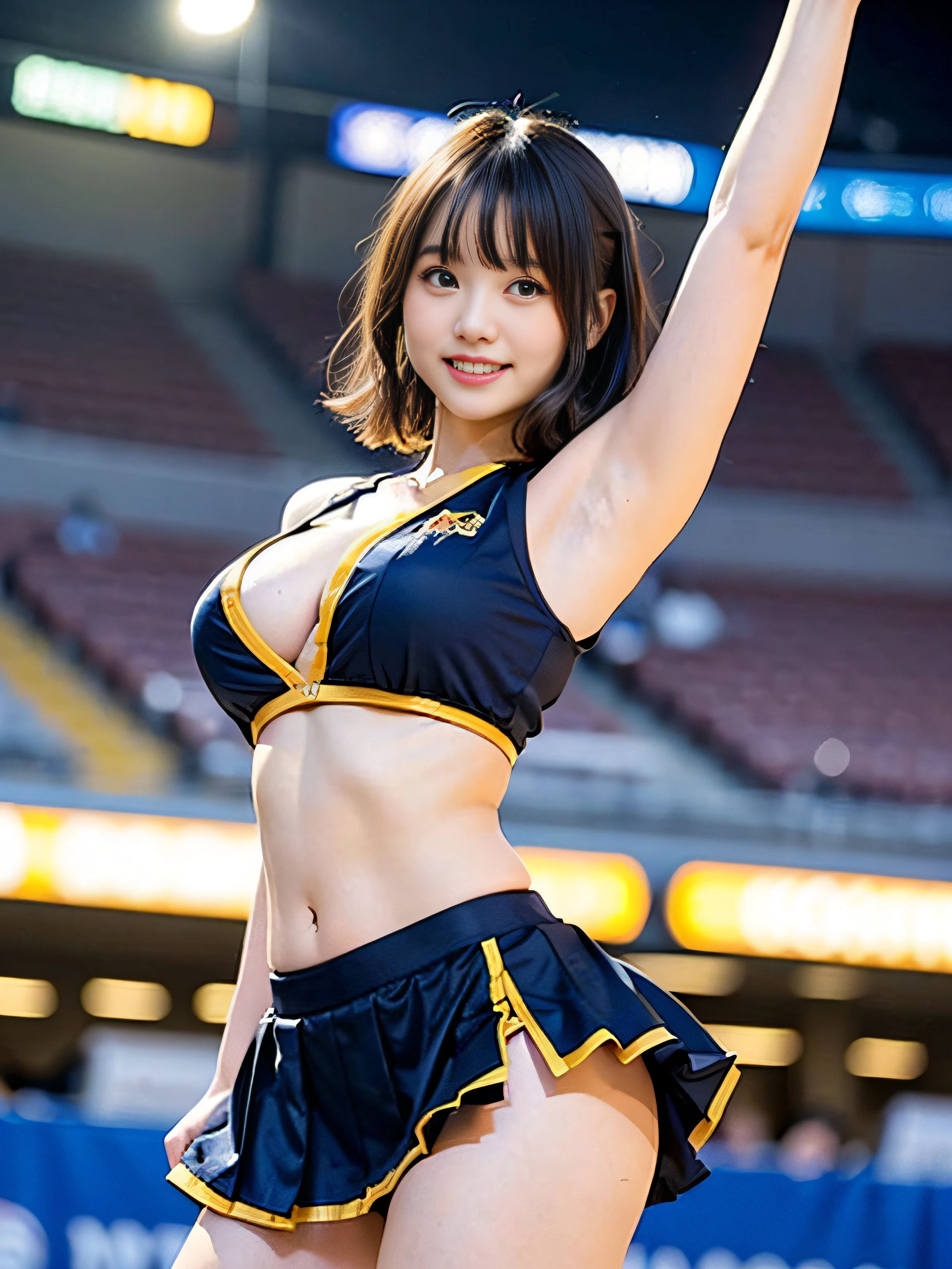 cheerleaders、Colorful cheering costumes、The navel is visible、Short Skirt Lift、big pom pom loop panties、NSFW、Raise one leg high to cheer、(((Highkick:1.3)))、Low angle full shot、Below the shot loam at ground level、High and wide sky、The audience seats are full、1 Japan Girl、Put your hands behind your head to show your armpits、(8K、top-quality、​masterpiece:1.3)、Golden Ratio Face、Best smile looking at the camera、Medium chest、(layers-Cut、tits out:1.2)、Brown Medium Bob Curl Hair、Professional Writing、Stadium at night、Blurred light、Nogizaka Idol 、hposing Gravure Idol、