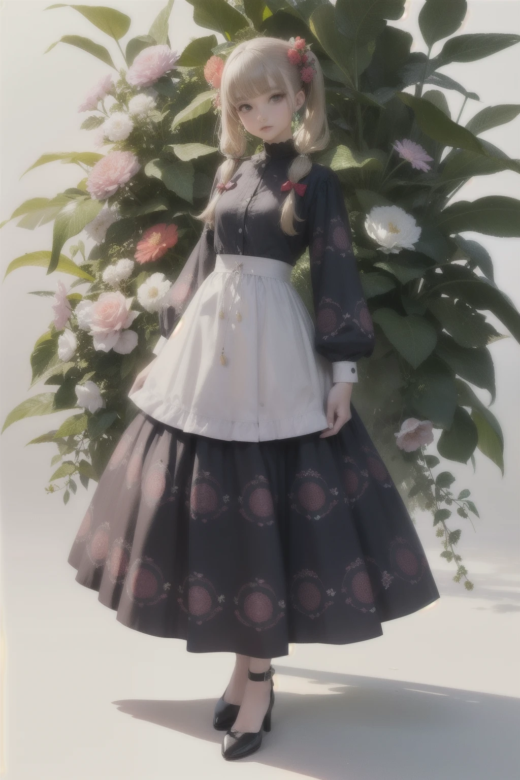 Anime character with short pigtails and a flower in her hair, X, trending on artstation pixiv, digital art on pixiv, Beautiful Full Body Concept Art, pixiv, , pixiv contest winner, trending on pixiv, pixiv style, at pixiv, Humanoid flora, by Shitao, whitebackground, light pastel colors, coral multi-colored circles print on the dress