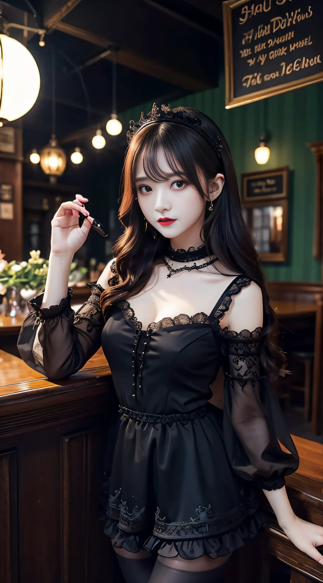 LTRA Details、Fascinating beauty、Dainty woman、Cool Girl、Wavy Hair、Black chiffon dress、Wide sleeves、flered skirt、Black pantyhose、Evil Female Executive、Evil Fall、brainwash、lacy fabric、Glossy legs、black lipstick、Evil look、Suspicious look、Hollow eyes、wicked、Reaching out、Arms up、in a dark pub