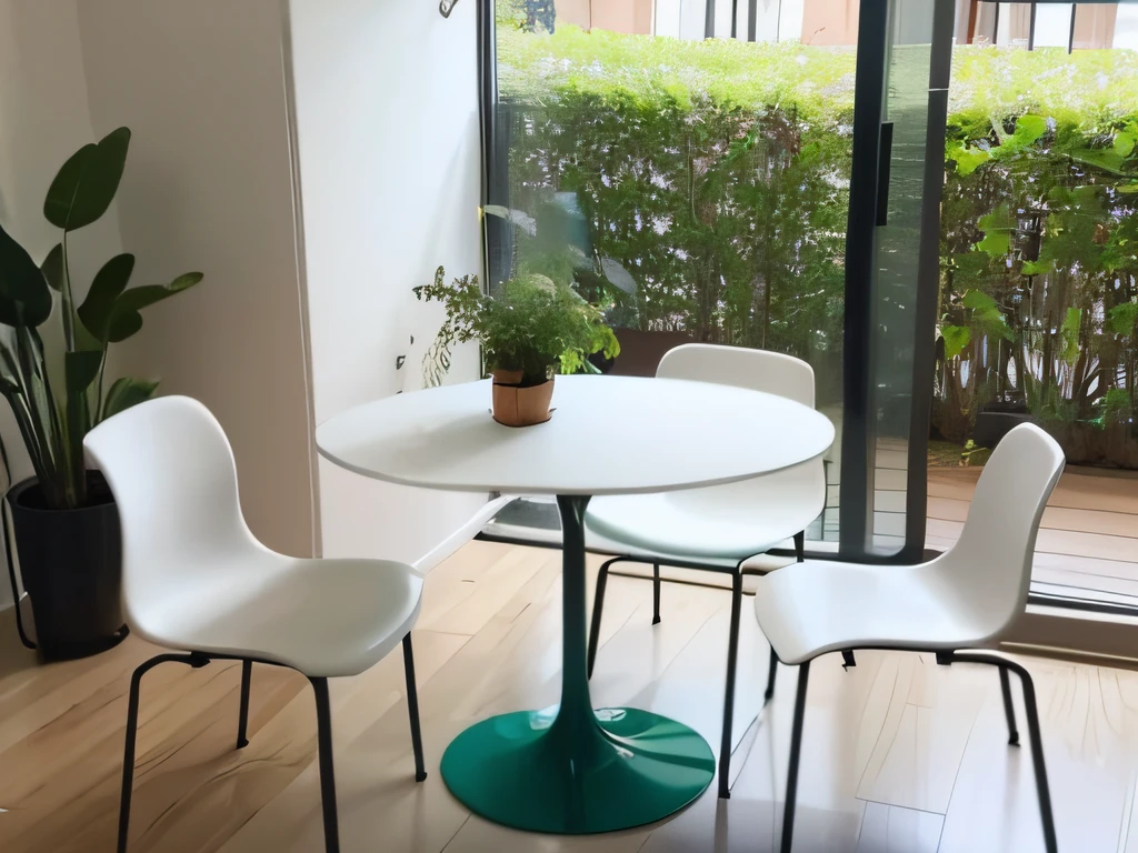 Simply furnished room,tables and chairs, green plant,