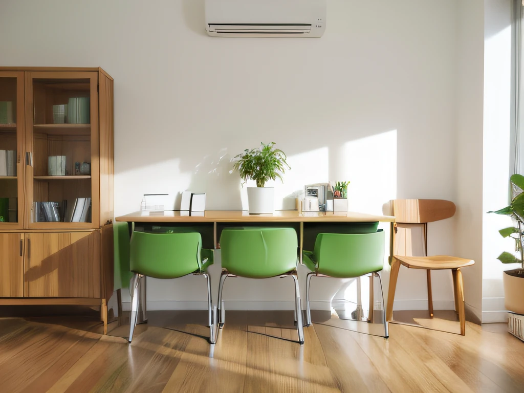 minimalist layout，Study room，tables and chairs， green plant，
