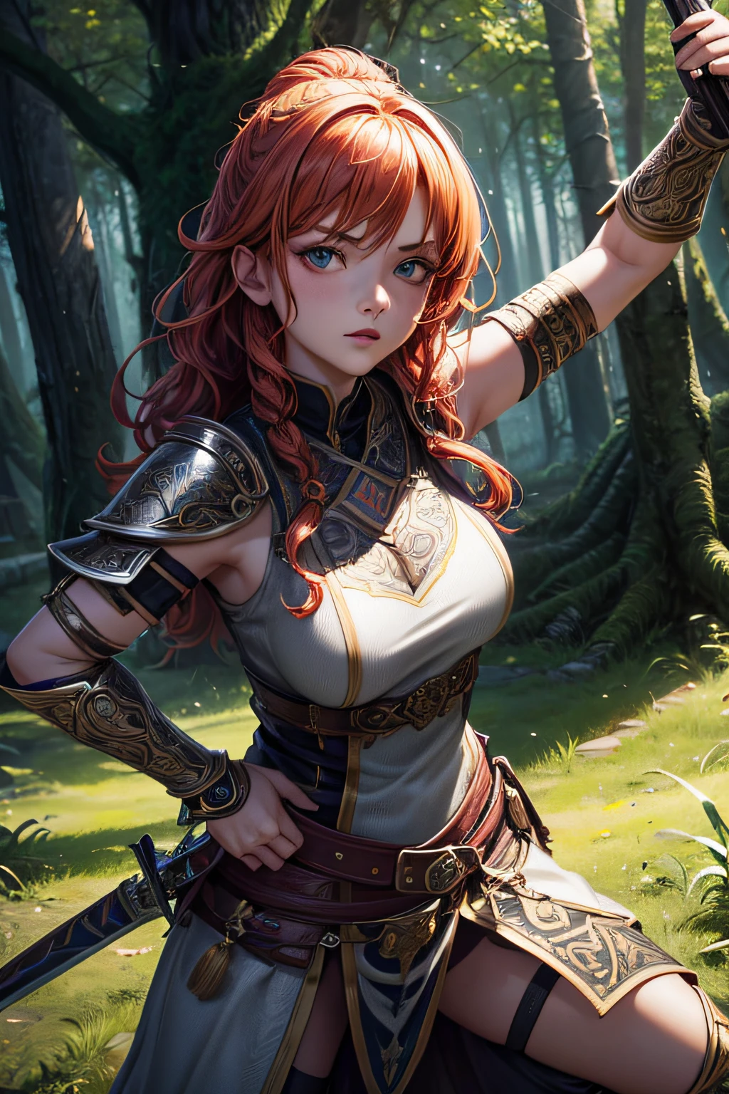 young teen girl, ancient celtic warrior, evil look,,combat stance, wielding a dagger, ancient celtic armor, highly detailed, ancient forest in background, curly ginger hair, vibrant appearance, creative behavior, extremly detailed, imaginative, sensual, spontaneous, highest quality, skin texture, intricate details, (cinematic lighting), RAW photo, 8k, masterpiece,best quality,ultra-detailed,very detailed illustrations,extremely detailed,intricate details,highres,super complex details,extremely detailed 8k cg wallpaper,