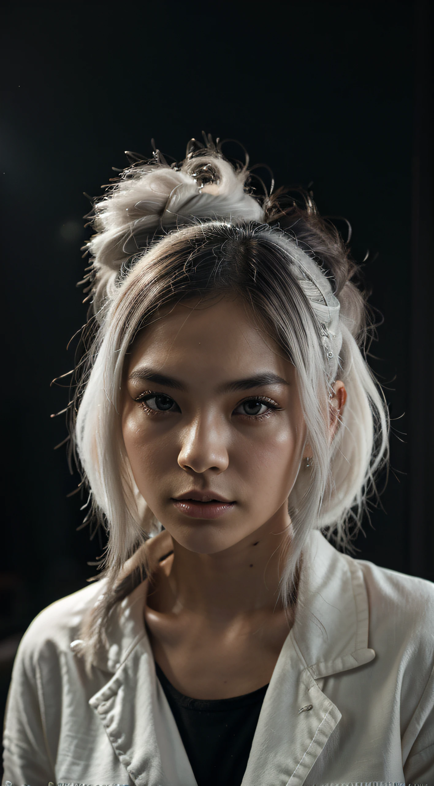 plano detalle, 20-year-old, Asian girl, asian factions, French Bob Style Hair, dyed white hair, ojos verdes, Looking at the camera, Retrato fotorrealista, enorme detalle, piel texturizada, piel detallada, chaqueta rosa, estilo kpop, cara ultradetallada, estilo de imagen hiperrealista, fotografia de revista, fotografia de estudio, posando, profesional photography, 4k (aislado sobre fondo negro oscuro:1.2), dynamic pose, (Soft lighting:1.4), tomada con Canon EOS 5D,