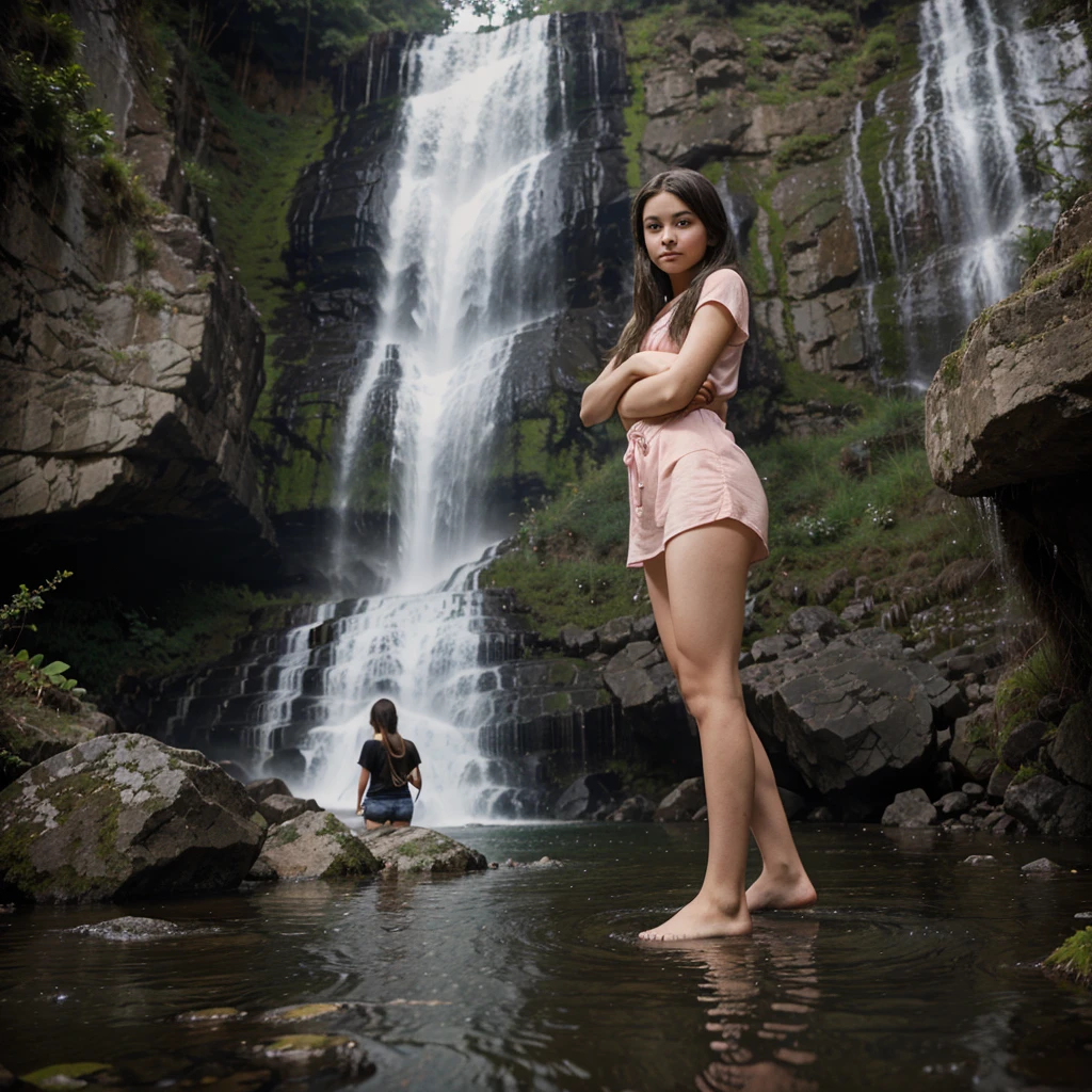 Eine nackte indische Prinzessin, Baden im Fluss nehmen, big , im altindischen Prinzessinnenkleid, Baden im Fluss nehmen, am Morgen, in etwas Nebel, looking hot, Sexy, attraktiv, realistisch, Realismus, photo realistisch, nicht nackt, im Kleid turned into a giant showing down