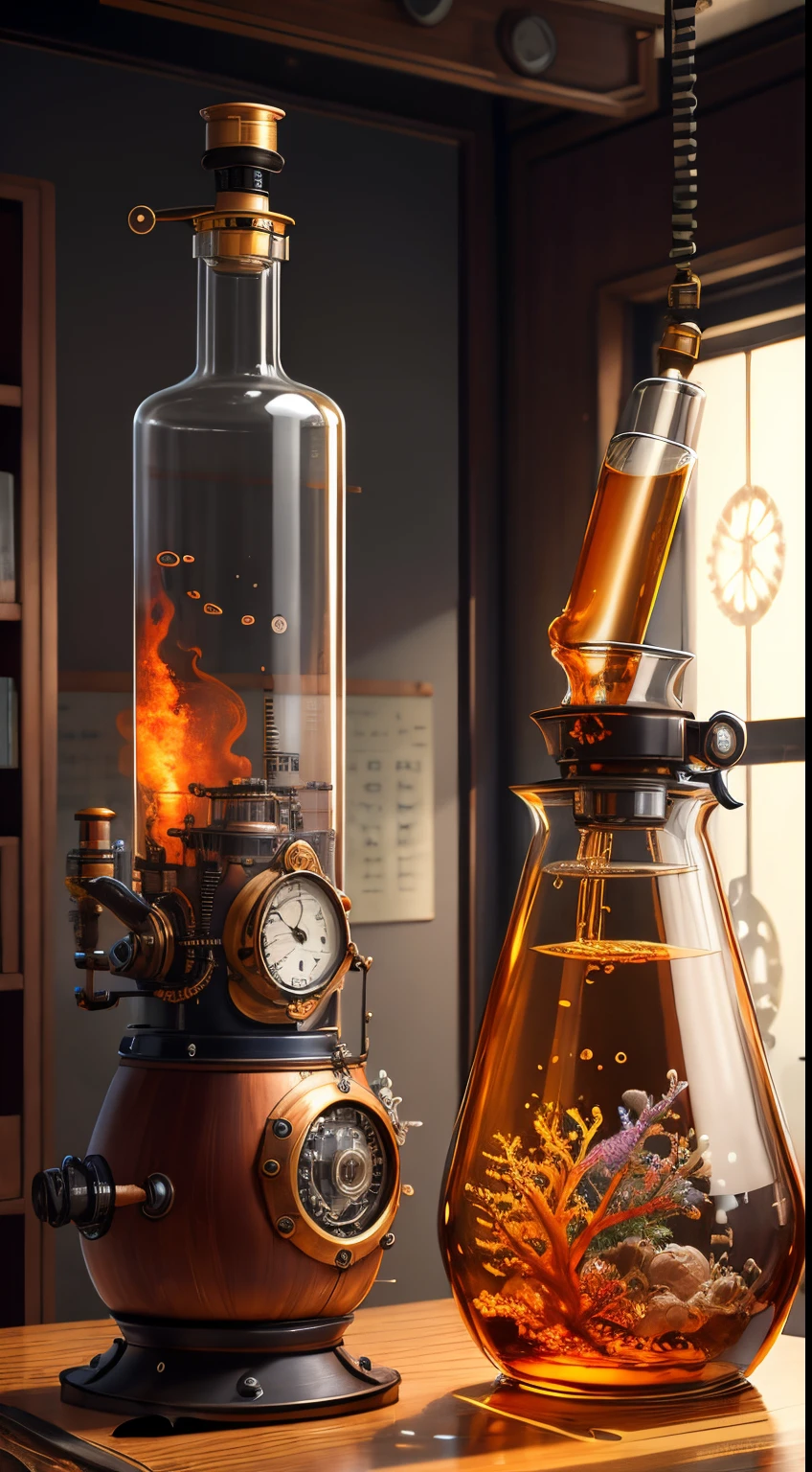 Steampunk AI。masutepiece。top-quality。ren。Excessive detail。Chemistry Laboratory。Glass laboratory equipment on the desk。coral reef in a flask。unmanned。