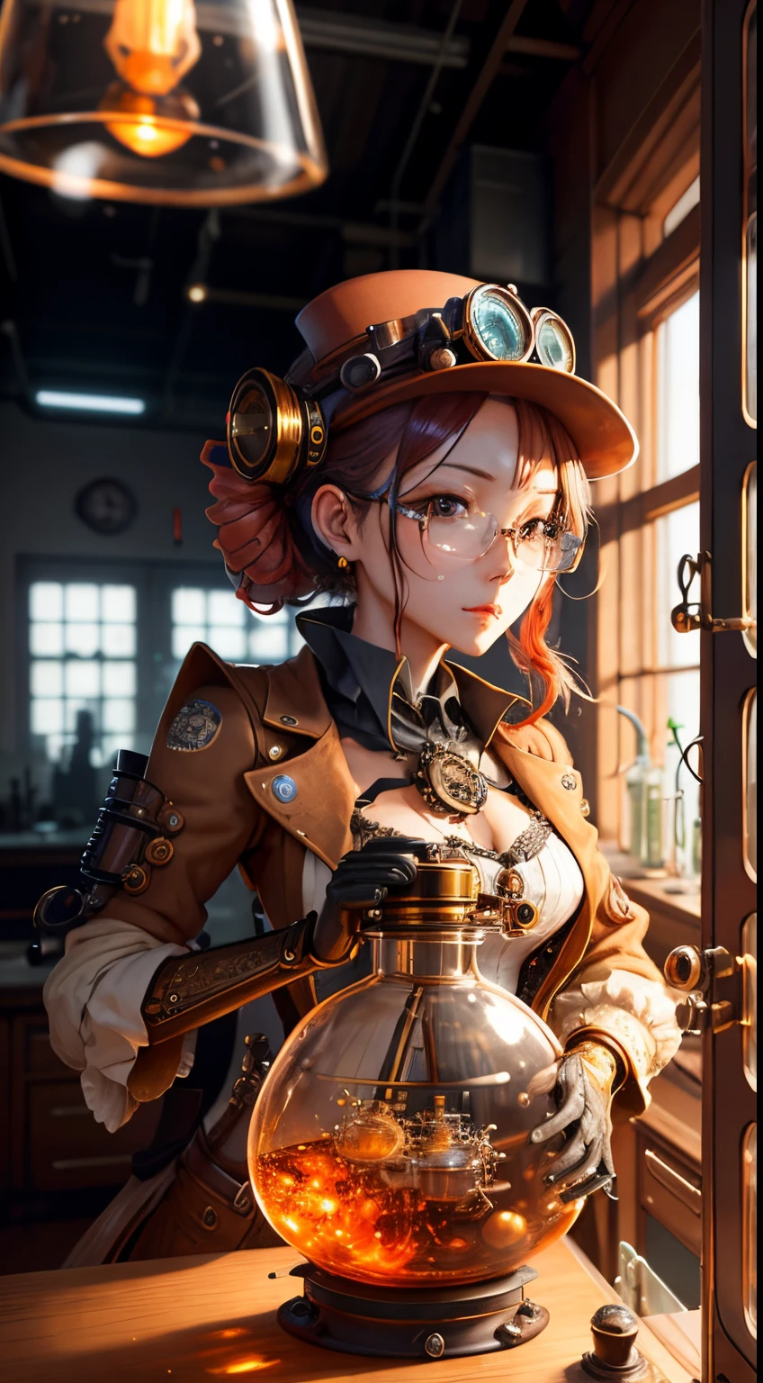 Steampunk AI。masutepiece。top-quality。ren。Excessive detail。Chemistry Laboratory。Glass laboratory equipment on the desk。coral reef in a flask。unmanned。