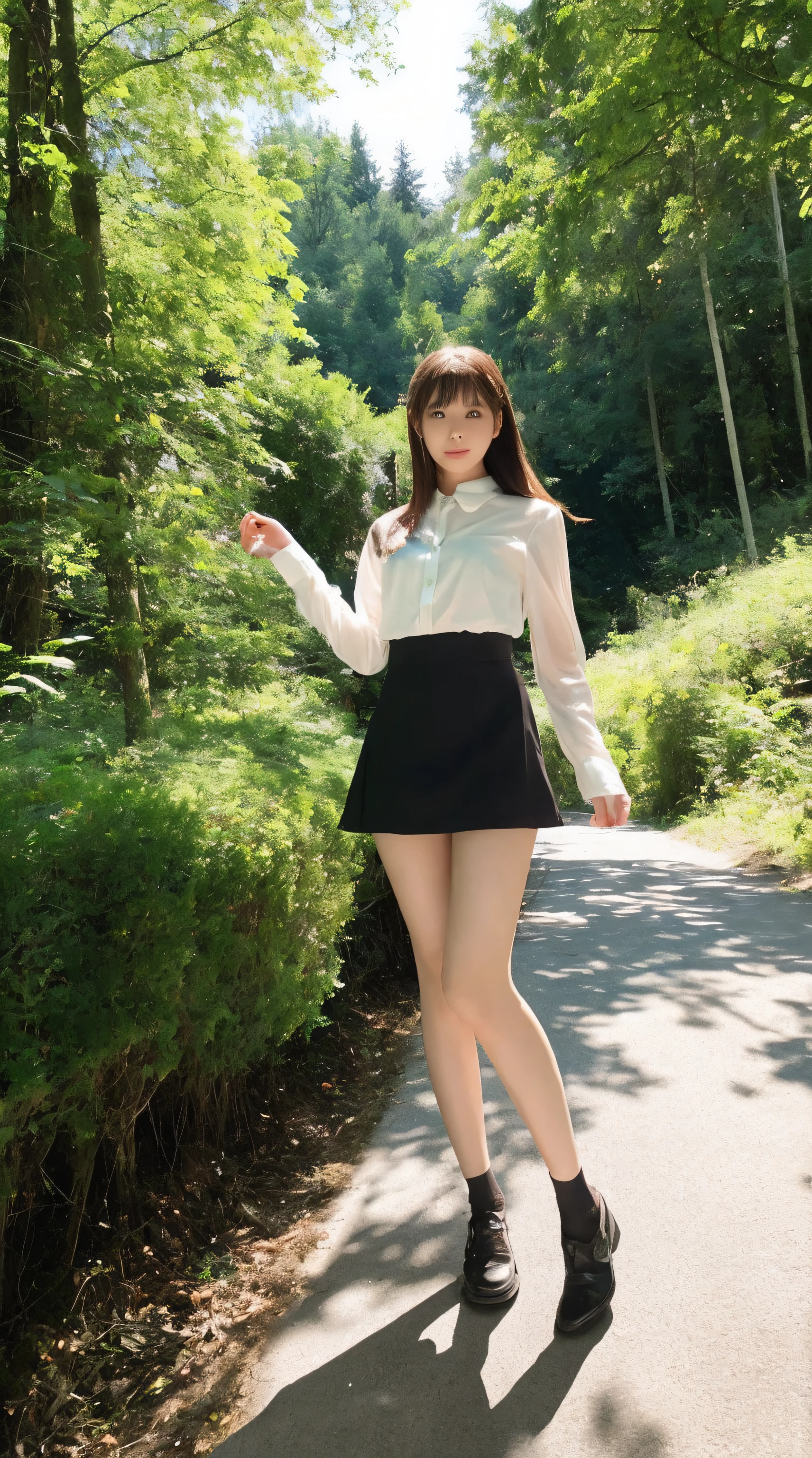 (Best Quality, masutepiece, Ultra HD: 1.3, High brightness, High color saturation), 1girl in, 24 year old,(long beautiful legs:2.0),(Full body figure:2.0),straight haired, Long hair, (hide one's hands:2.0) See-through white blouse, (Black enamel mini skirt:1.5),(Stockings), (a japanese girl, hposing Gravure Idol), Broad-leaved forest, 135 mm, Fuji Film,
