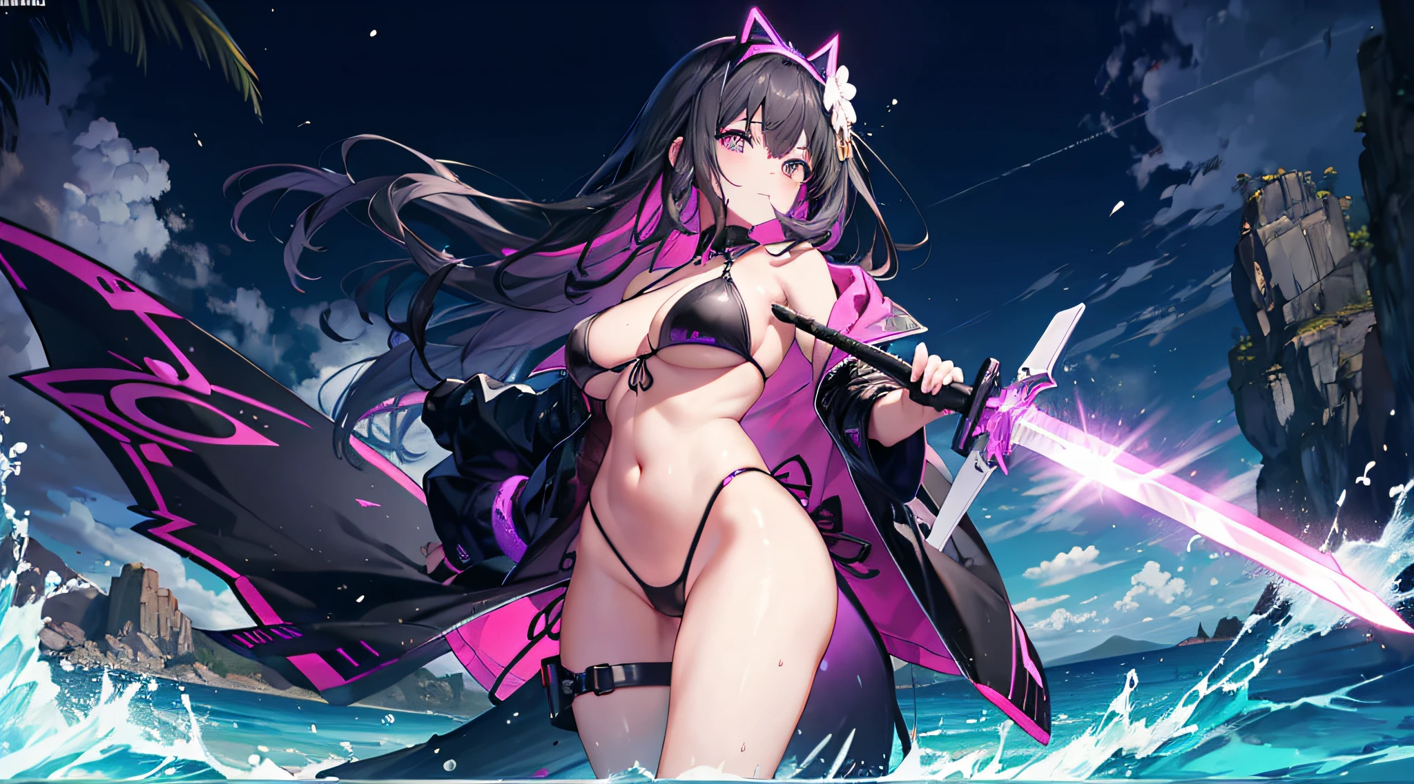 A woman wearing a bikini and holding a sword in front of the city, hanayamata, Suits: Subikini, armadura preta com detalhes amarellos, neon print, full body Esbian!!, noire, neon edges on bottom of body, black and yellow, full body Esbian;, swim wears,  Wearing a swimsuit, Amarello e preto, electronic bikini, pure