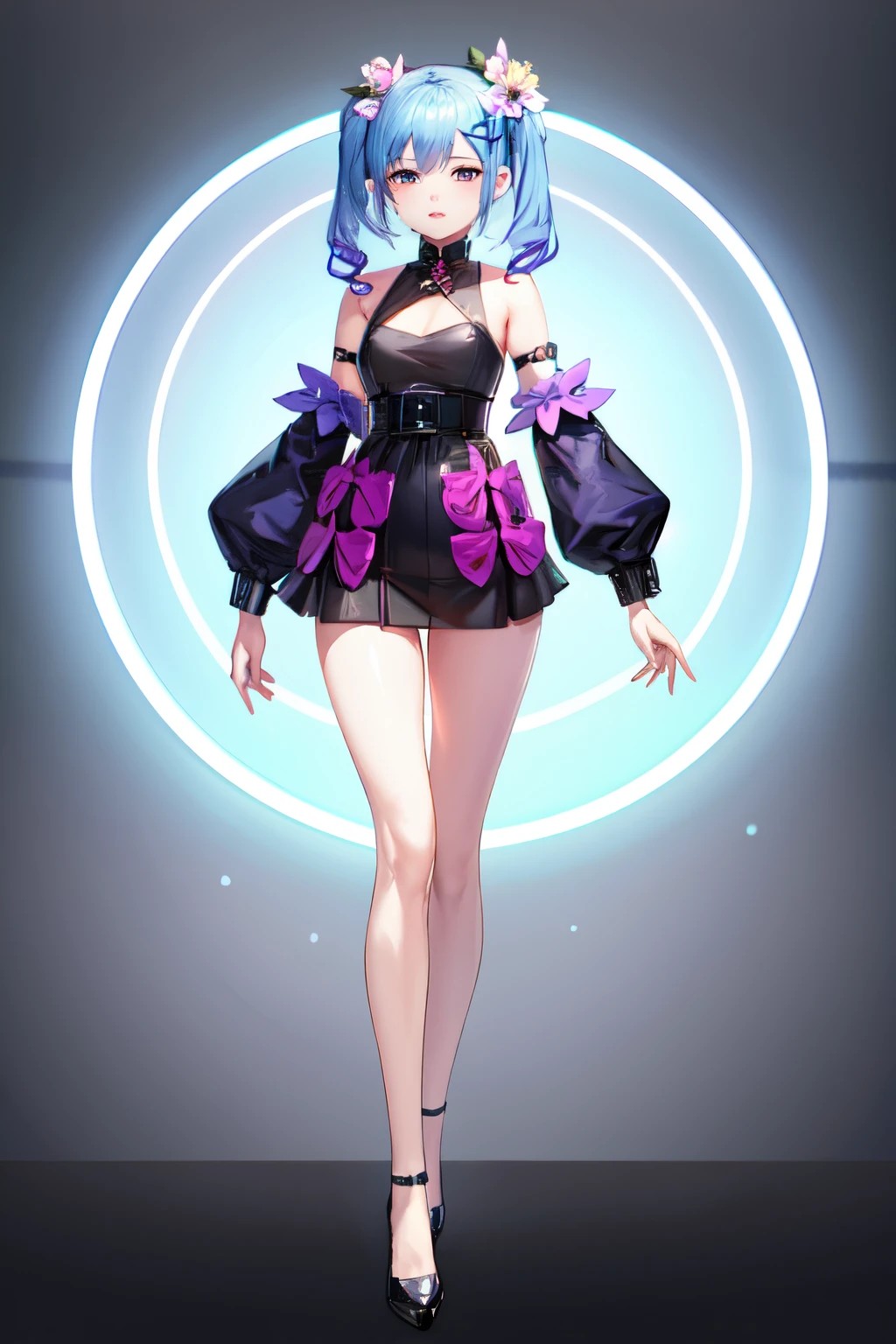 Anime character with short pigtails and a flower in her hair, X, trending on artstation pixiv, digital art on pixiv, Beautiful Full Body Concept Art, pixiv, , pixiv contest winner, trending on pixiv, pixiv style, at pixiv, Humanoid flora, by Shitao, whitebackground, light pastel colors, colorful circles coral