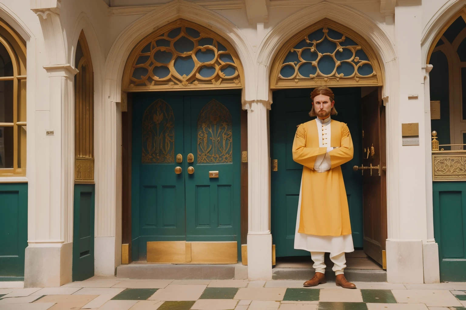 1135, Salisbury, England. In an otherworldly castle, outside the palace, ecclectic builders and merchants work, ((((poor tunic from the 12th century)))), ((Hairstyle of the 12th century)), ((Wes Anderson cinematic style)), colorful