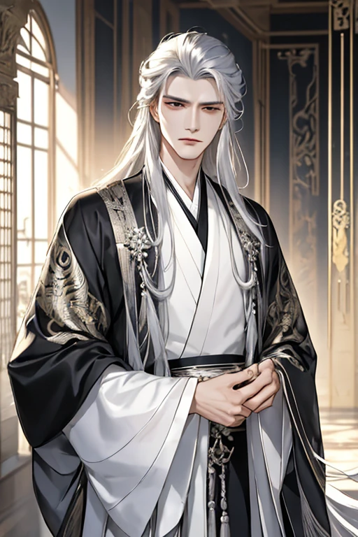 tmasterpiece，Best Picture Quality，Silver-haired man，male people，Black Hanfu，，Blackn clothes，long, floated hair，Wide-sleeved robe，ancient wind，Solid color clothes，The clothes do not have any patternajestic and fierce expression，gentlesoftlighting，water ink，Palace of Versailles interior