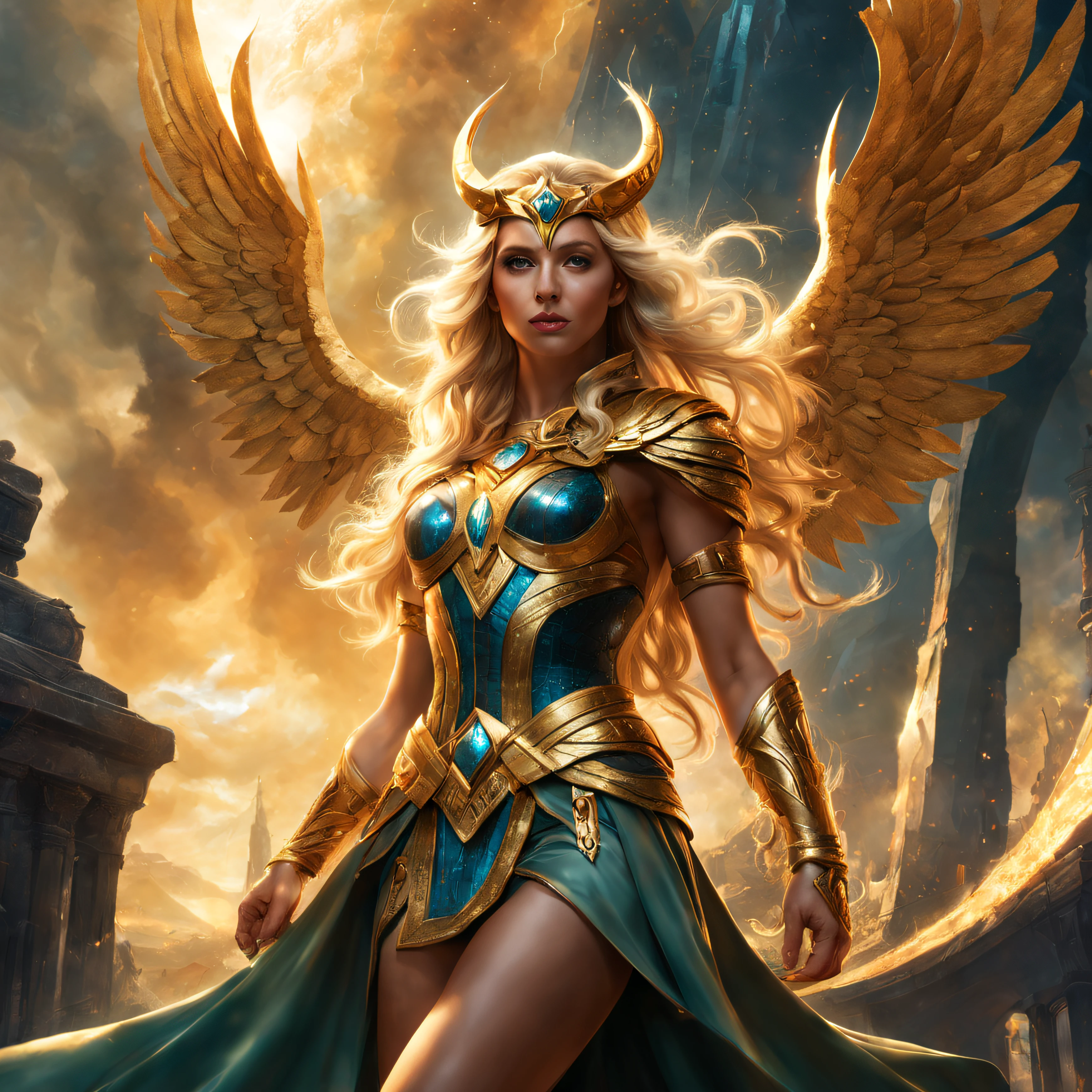 mujer valkiria exuberante y espectacular, ser de mitologia fantastica, se encuentra en el palacio de asgard, rodeada de tecnoligia y maquinarias iimpresionantes, donde abundan el oro, la plata , las piedras preciosas de diferentes colores y los diamantes, en un entorno de fantasia sin animales, (hiperrealista: detalles intrincados realistas), sonriente: sensual feature, (textura y entorno bien detallados, Pure perfect lighting).