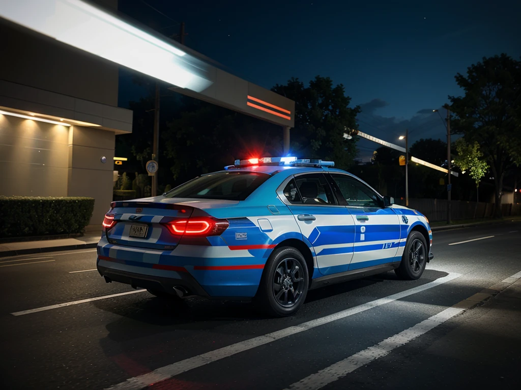 emergency police car with lights on, side view, motion blur