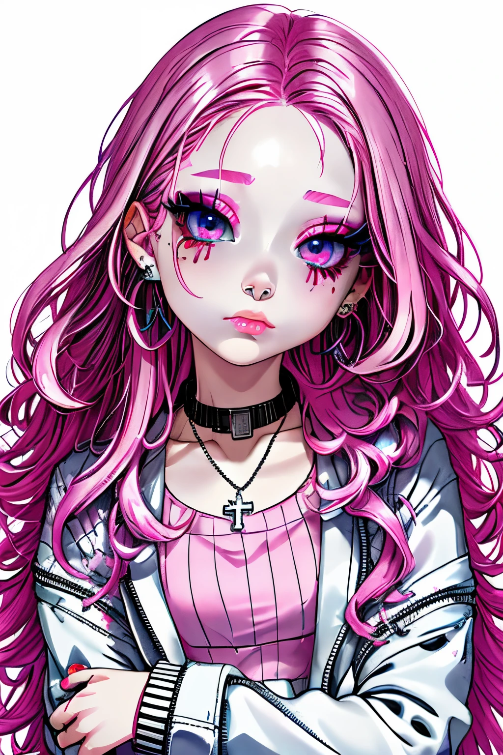 rainbow, 1girl in, Solo, Long hair, Looking at Viewer, Blue eyes background, White background, Jewelry, Closed mouth, Jacket, Upper body, Pink hair, earrings, Pink eyes, Necklace, From Side, Sweaters, Lips, Eyelashes, makeup, Wavy Hair, Piercing, Cross, lip stick, ear piercings, eyeshadows, hoop earrings, Pink lips, multicolored eyes, Pink Theme, , Pink Eyeshadow,