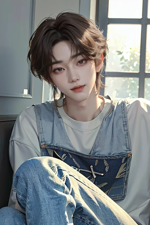 ((4K Portfolio))、master-piece、(最高品質)、((High image quality))、((A Manly boy.))、Slim body、((fashion jeans))、(detailed beautiful eyes)、windows、The face resembles Chaewon in Ruseraphim.、((Short hair above the ears.))、((Smaller faces))、((Neutral face))、((Light brown eyes))、((Korean Boys))、((age is 18 years old))、((Handsome Man))、((A smiling expression on his face.))、((Korean Makeup))、((The eyes are long and sharp.))、((Photos of models))、professional foto、((Shoot alone.))、((Upper body photography))、((Pattern poses))