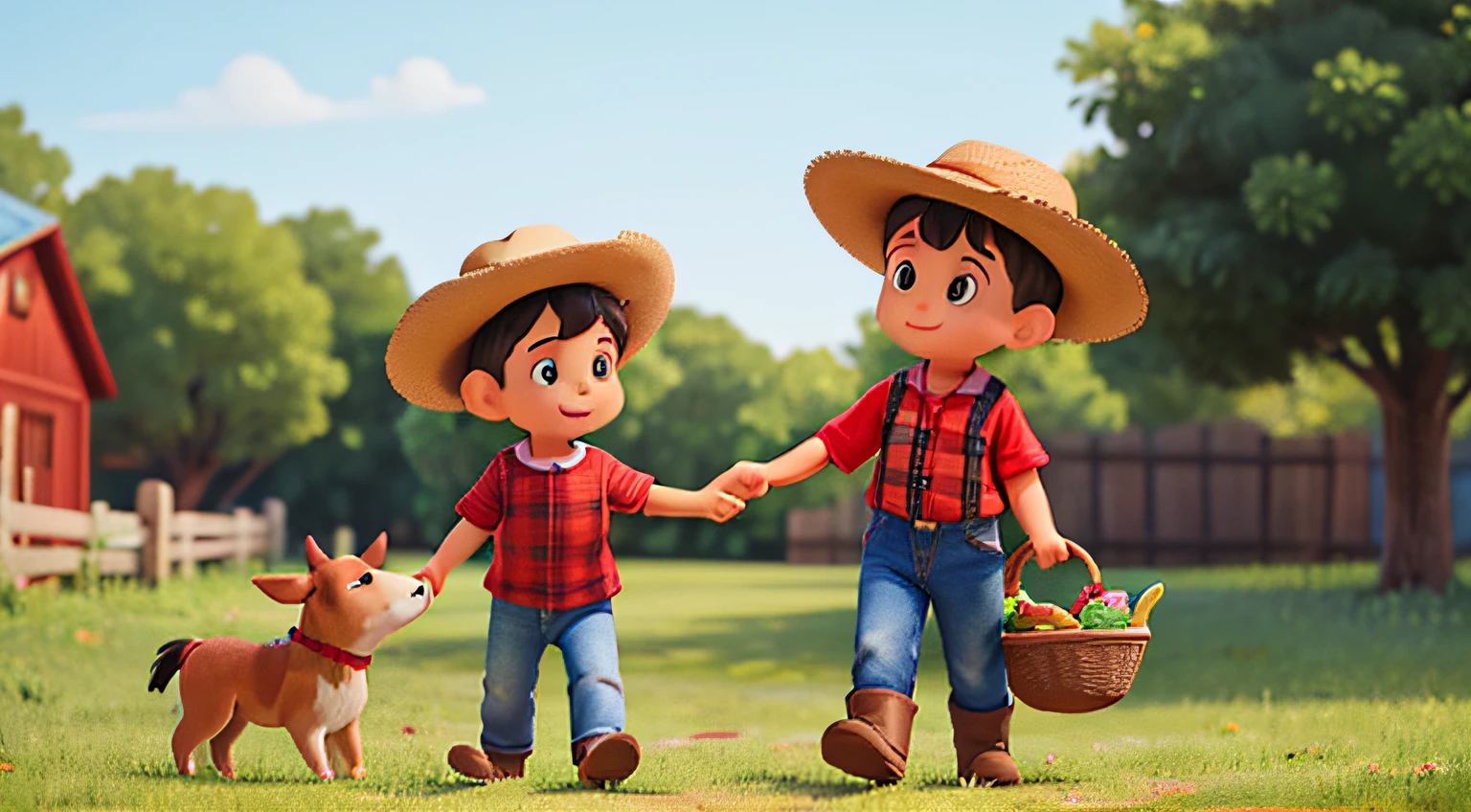 um lindo fazendeiro, MENINO, small child,   Children's book illustration style, simples, fofo, 5 anos, CORES BRIHGT, cabelo preto curto, pele clara, corpo inteiro, roupas de fazendeiro, wearing a red plaid shirt and a cowboy hat, acariciando seu cavalo. um menino, Segurando uma cesta de frutas, he is close to a dog
