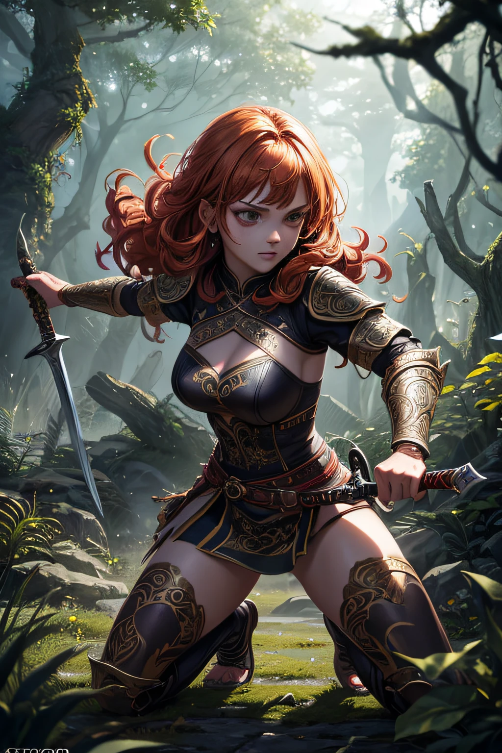 young girl, ancient celtic warrior, evil look,,combat stance, wielding a sword, facepaint, bodypaint, sexi, revealing, highly detailed, ancient forest in background, curly ginger hair, vibrant appearance, creative behavior, extremly detailed, imaginative, sensual, spontaneous, highest quality, skin texture, intricate details, (cinematic lighting), RAW photo, 8k, masterpiece,best quality,ultra-detailed,very detailed illustrations,extremely detailed,intricate details,highres,super complex details,extremely detailed 8k cg wallpaper,
